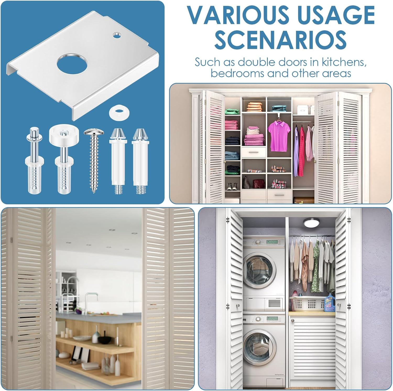 8Pcs Bi Fold Closet Door Repair Kit, Bifold Door Hardware Kit or 1-3/8" Include 8 Pcs Repair Bracket 2 Set Top Pivot Guide Wheel and Bottom Pivot Pin 3/8" and 7/16" for Repairing Folding Sliding