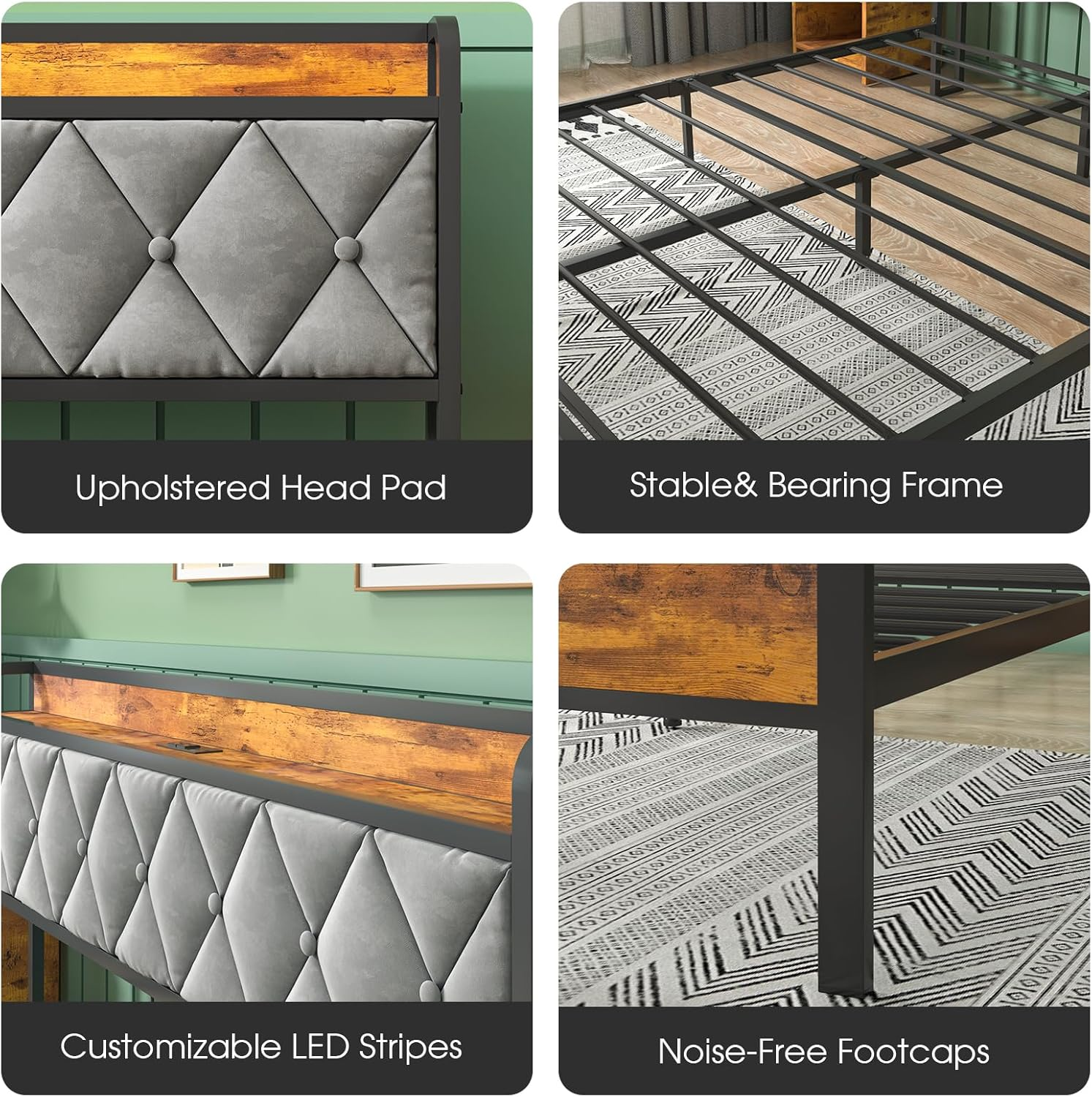 Ufurniture Bed Frame Queen Size Metal Frame Storage Headboard with Charging Station and USB Ports Retro (Queen) image number 1