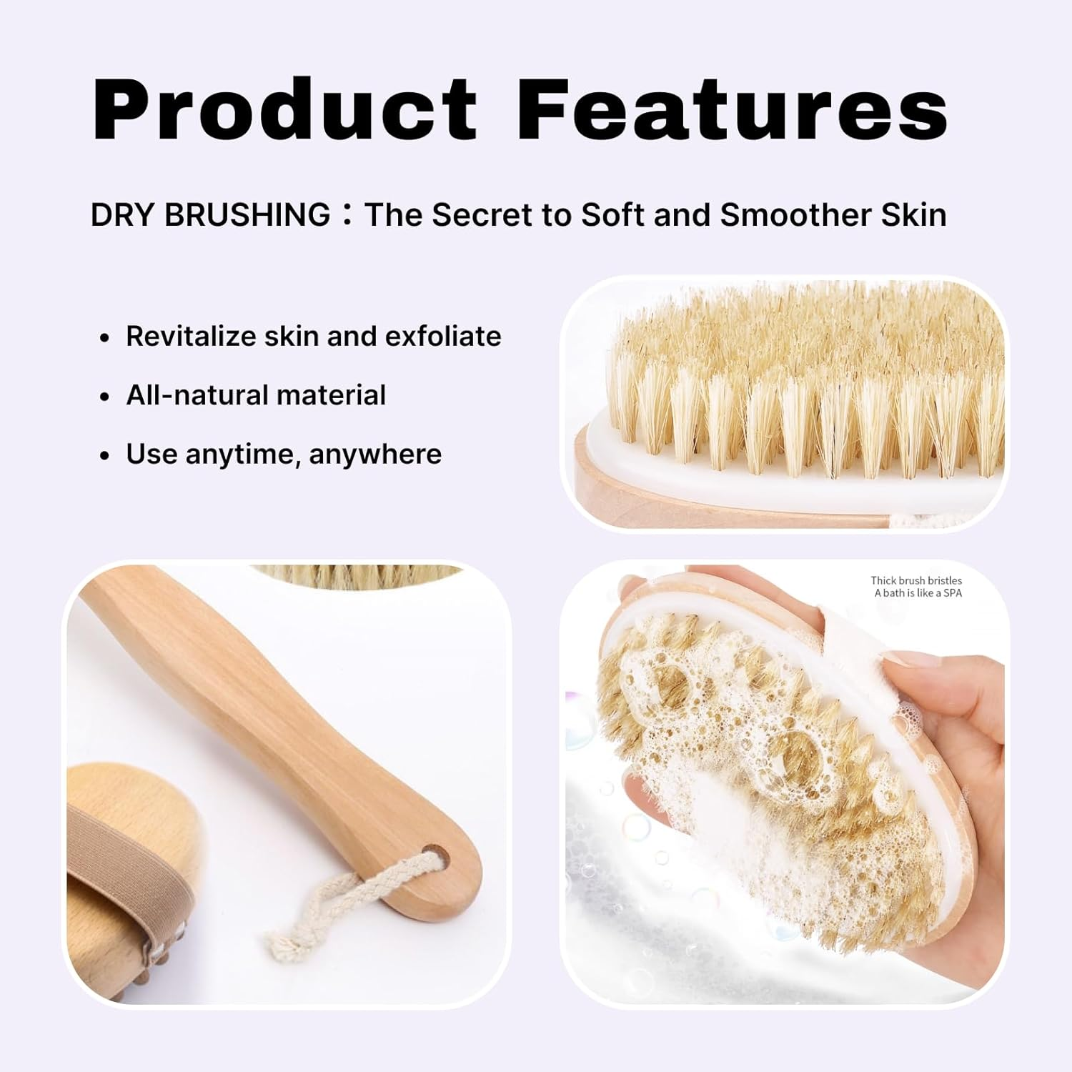 2 Pcs Premium Dry Body Brush, Facial Brush Set, Natural Boar Bristle Bamboo Exfoliator for Lymphatic Drainage, Cellulite Reduction Glowing Skin, Spa Quality Detox Kit with Detachable Handle image number 2