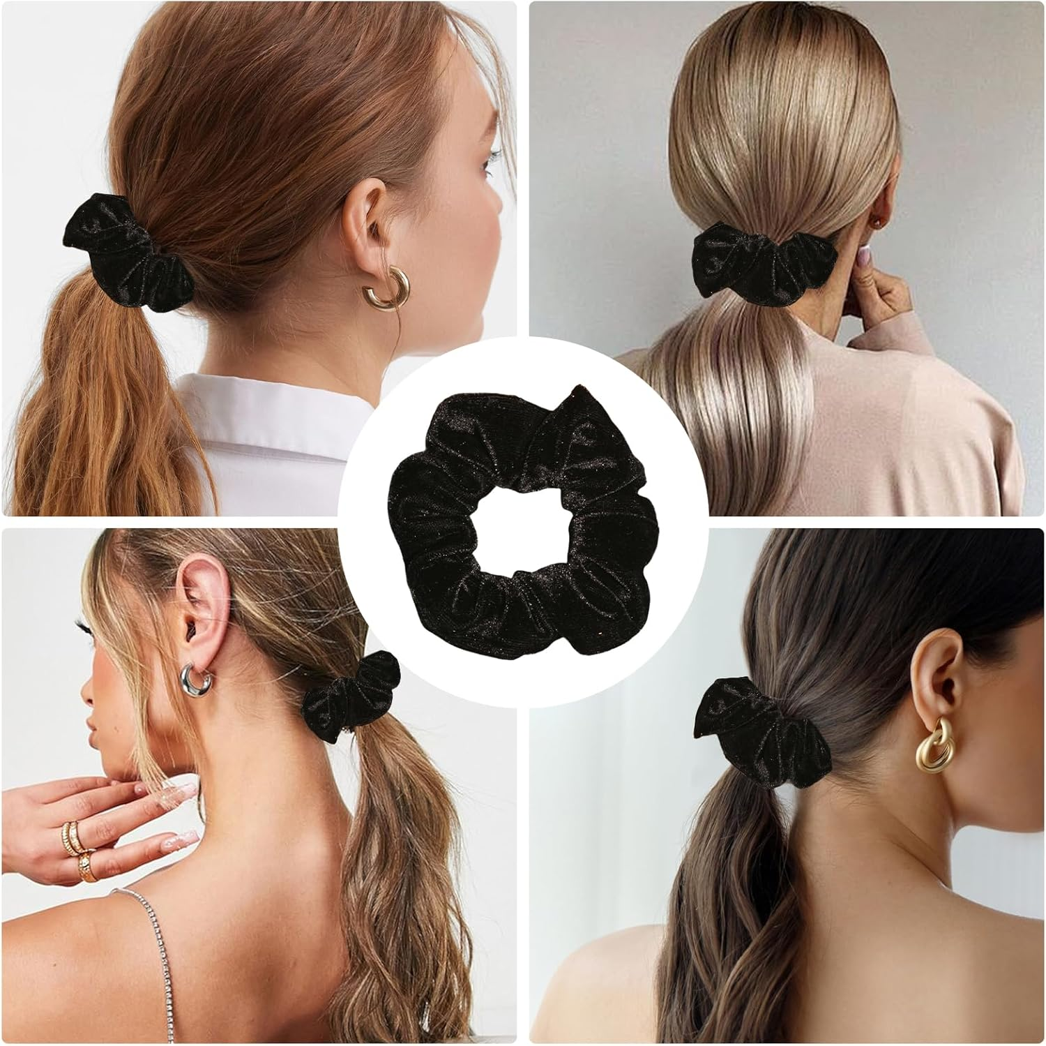Pack of 4 Scrunchies Hair Scrunchies Black Velvet Fabric Scrunchie Hair Scrunchie Velvet Hair Thick Scrunchie Hair Band Elastic Use Women'S Large Hair Scrunchie Material Is Soft and Pulling image number 5