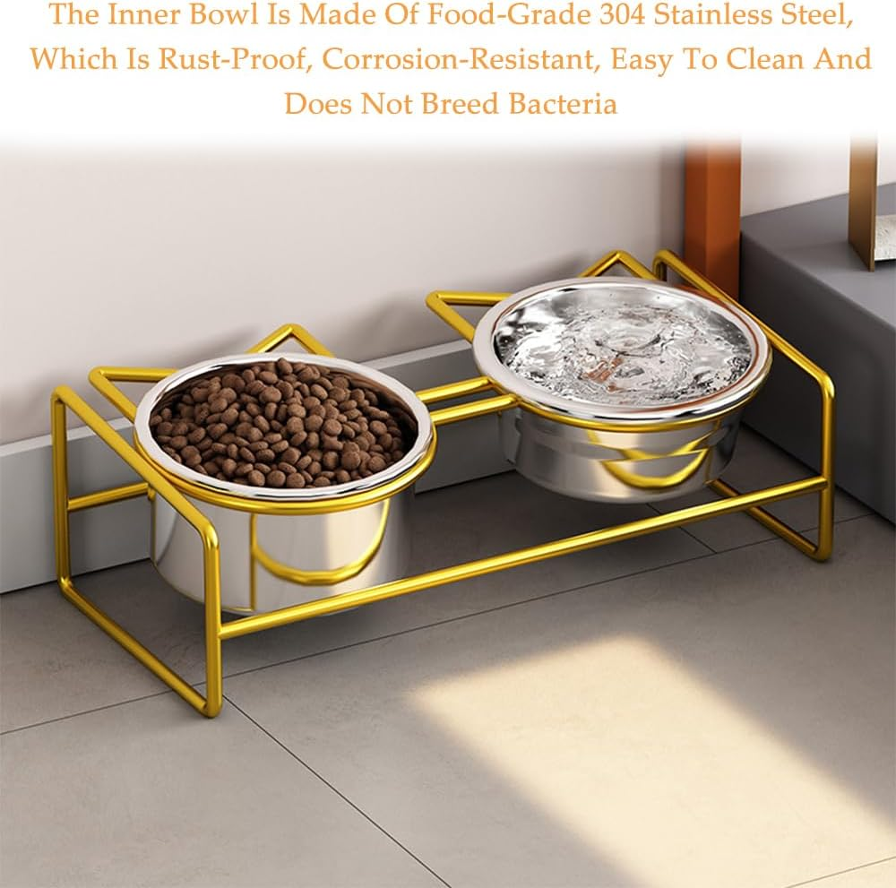 Cat Bowl, Double-Layer Stainless Steel Pet Bowl with 10&deg; Tilt Stand for Food and Water, Anti-Vomiting Cat Bowls Feeder, Ideal for Kittens and Small Dogs (Gold) image number 2