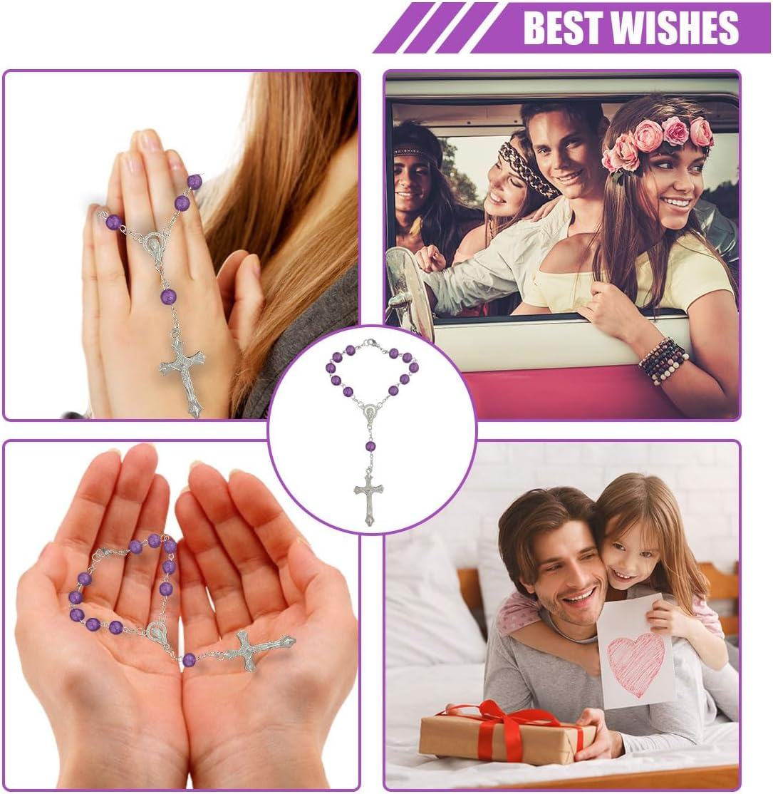 2PCS Rosary for Rearview Mirror, Purple Pendant Interior Charm Auto Decors, Medal and Cross Personalized Hanging Accessories for Women Men (Purple) - Ceramic image number 6