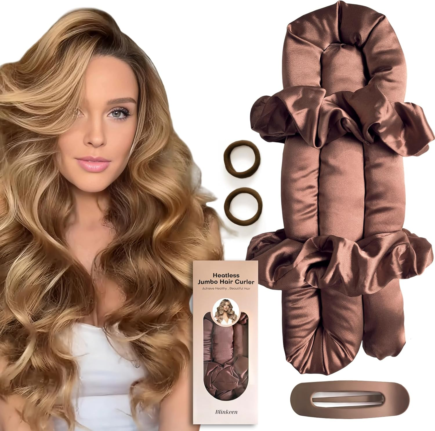 BLINKEEN Jumbo Heatless Hair Curler Set-Satin Heatless Curls Overnight, Jumbo Curling Rod Headband, No Heat Curlers to Sleep in (Brown)