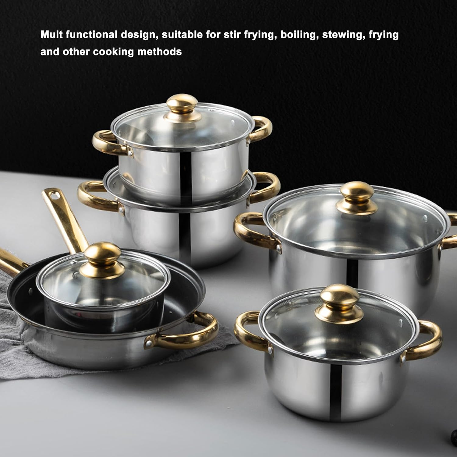 Stainless Steel Cookware Sets, 12Pcs Pots and Pans Kitchen Cooking Set with Golden Handle, Easy To, Kitchen Cookware Set for Induction Electric and Gas Cooktops image number 3