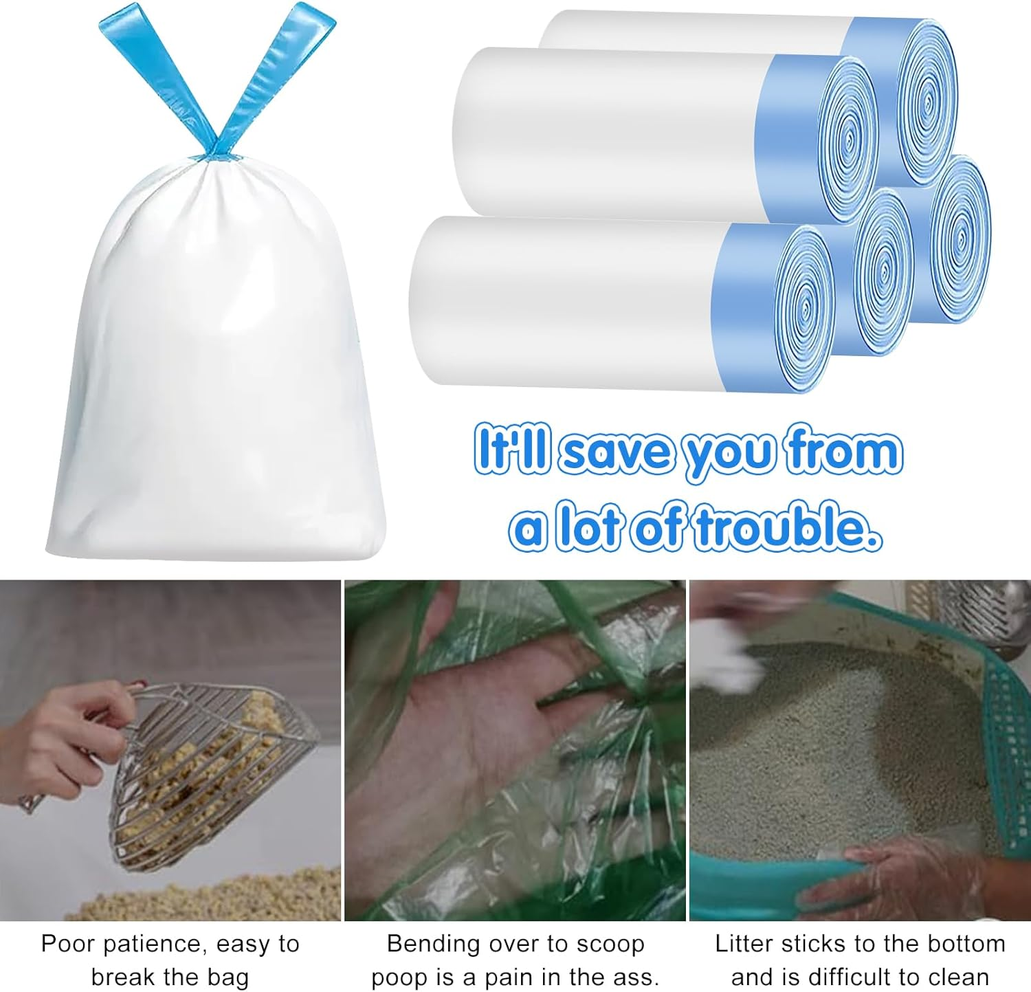 Pack of 75 Bin Bags, Bin Bags with Carry Handle, Cat Litter Box Bags, Self-Cleaning Cat Litter Box with Drawstrings, Biodegradable, Durable, Tear-Resistant, Liquid-Proof, 5 Rolls image number 5
