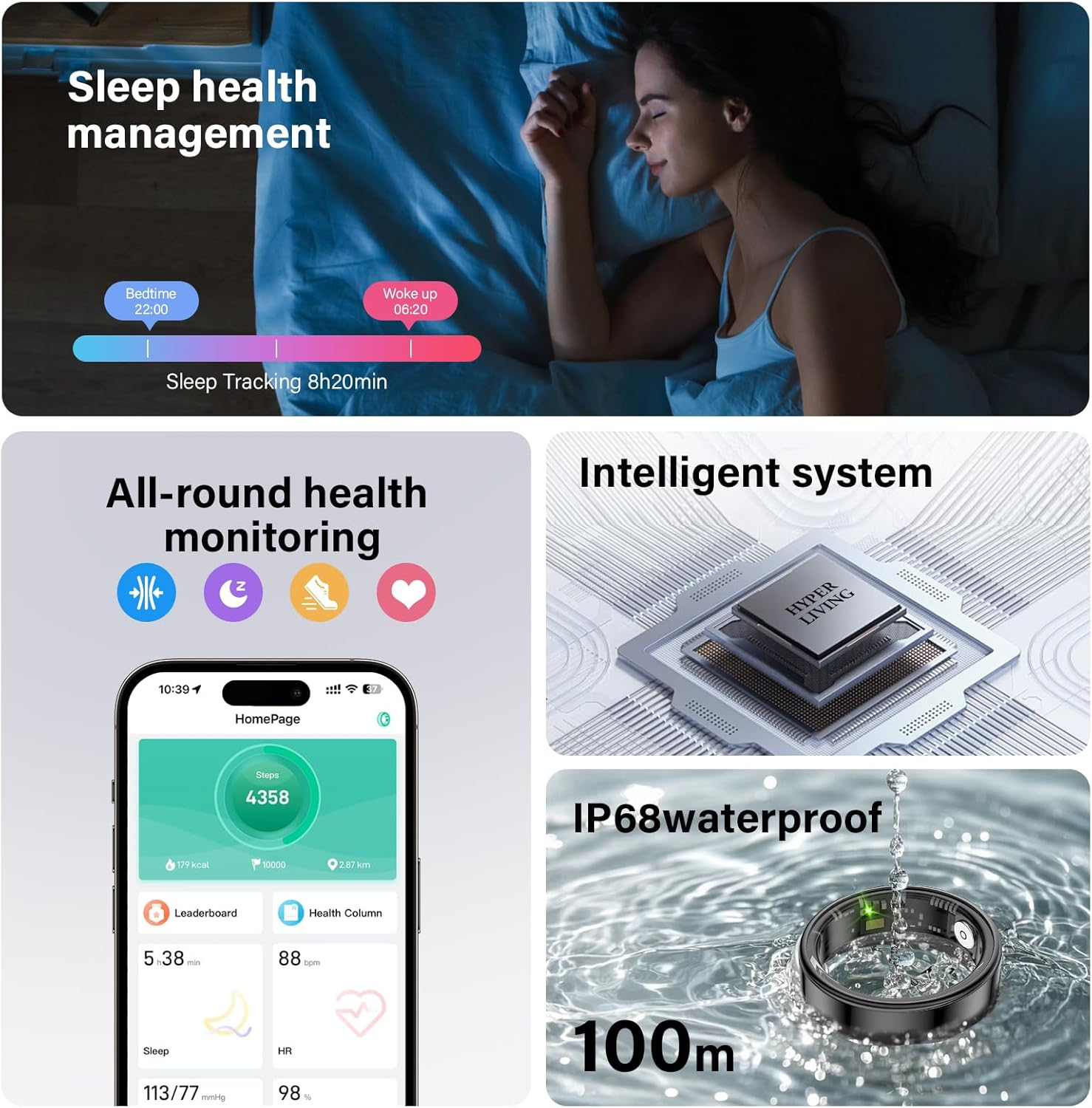 Smart Ring Health Management, Compatible with Android/Iphone, 8 Sports Modes, 3 Data Measurement Functions, IP68 Waterproof, USB Magnetic Charging, Camera Control image number 1