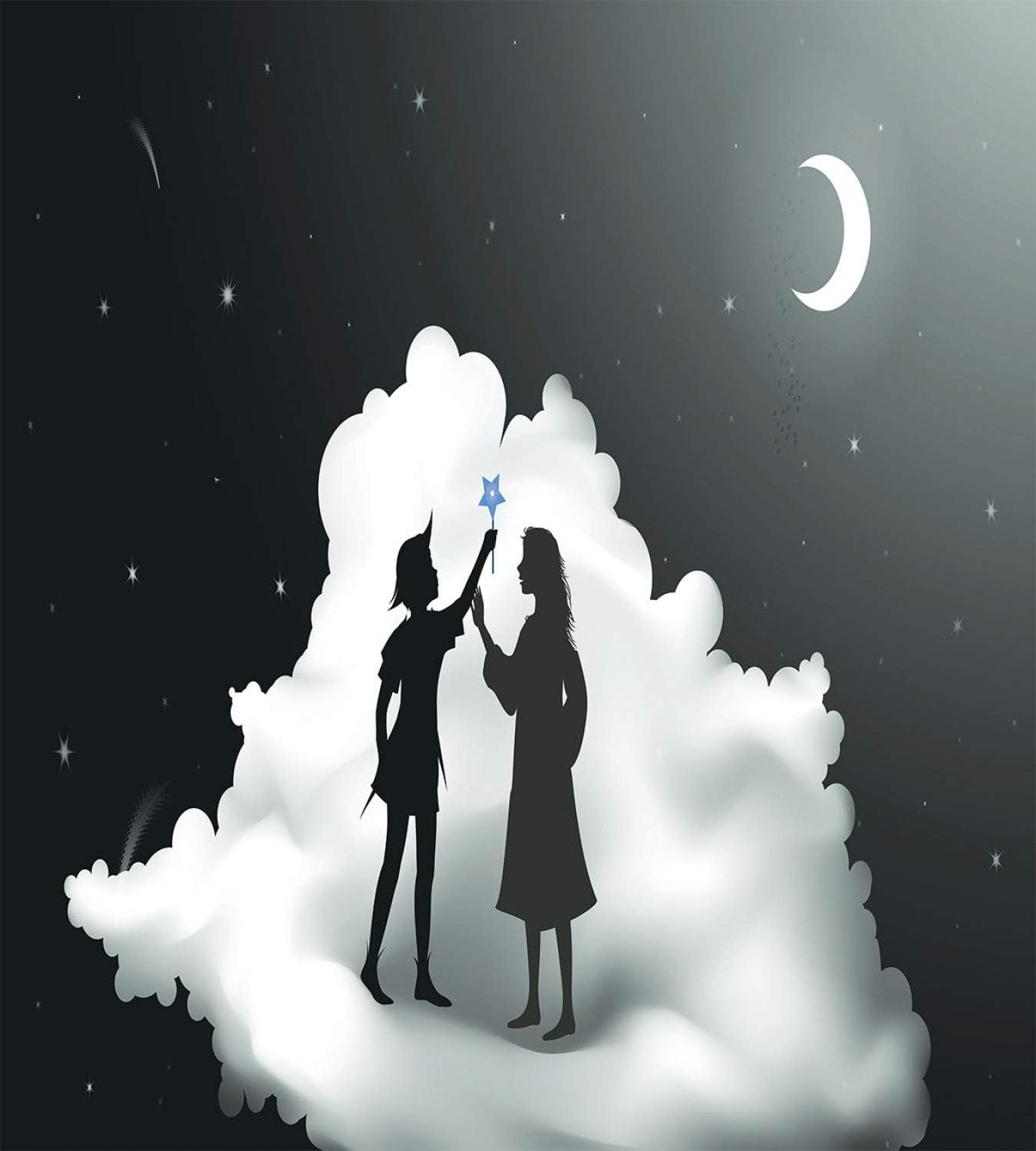 Lunarable Neverland Duvet Cover Set, Peter Pan Story Pan and Wendy Standing on Clouds Moon Night Dream, Decorative 2 Piece Bedding Set with 1 Pillow Sham, Twin Size, White Grey