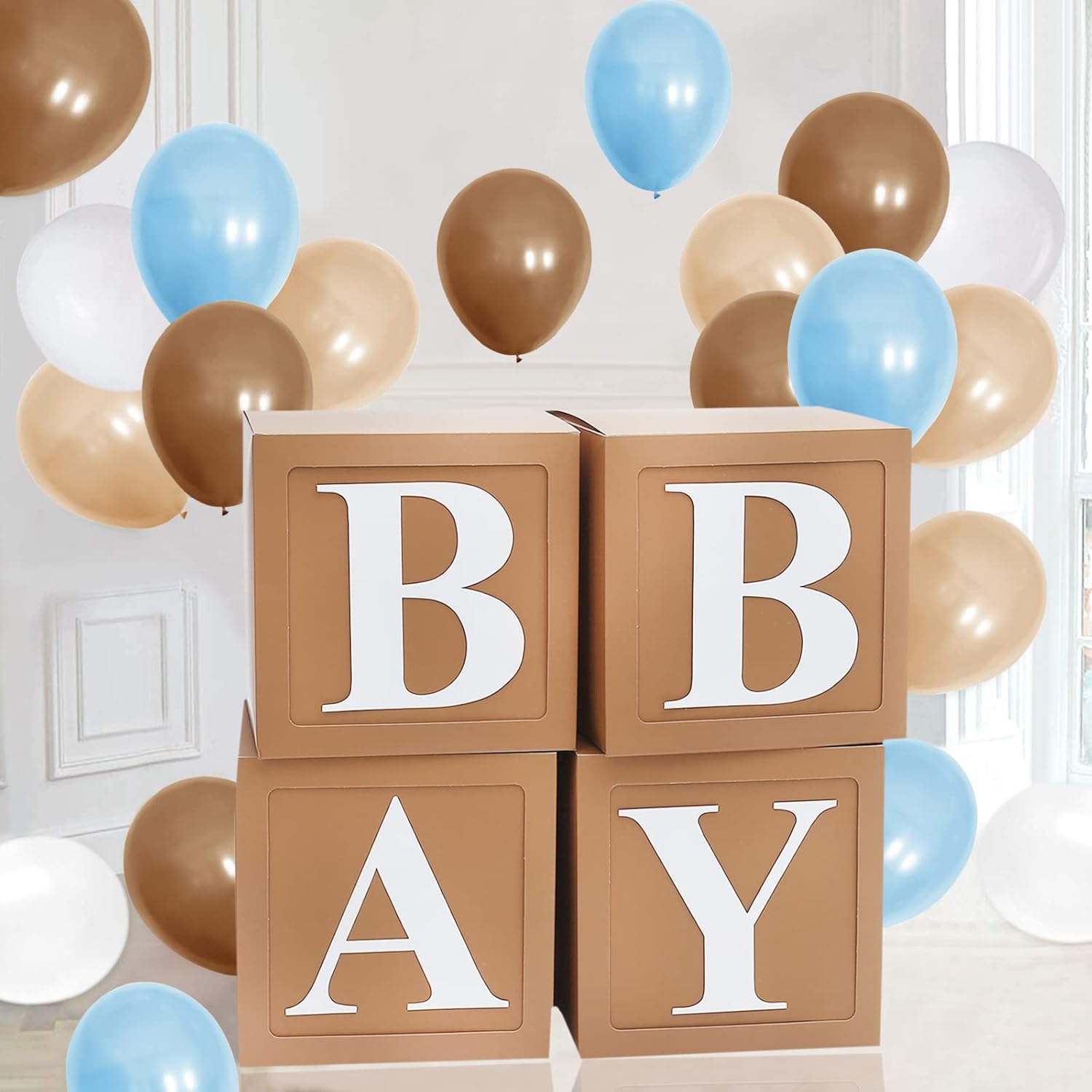Teddy Bear Baby Shower Boxes Decorations, 4Pcs Brown Baby Shower Blocks with Letters, Stereoscopic Babyshower Balloon Boxes for Woodland Baby Shower Decor Boys Girls Gender Reveal Backdrop image number 3
