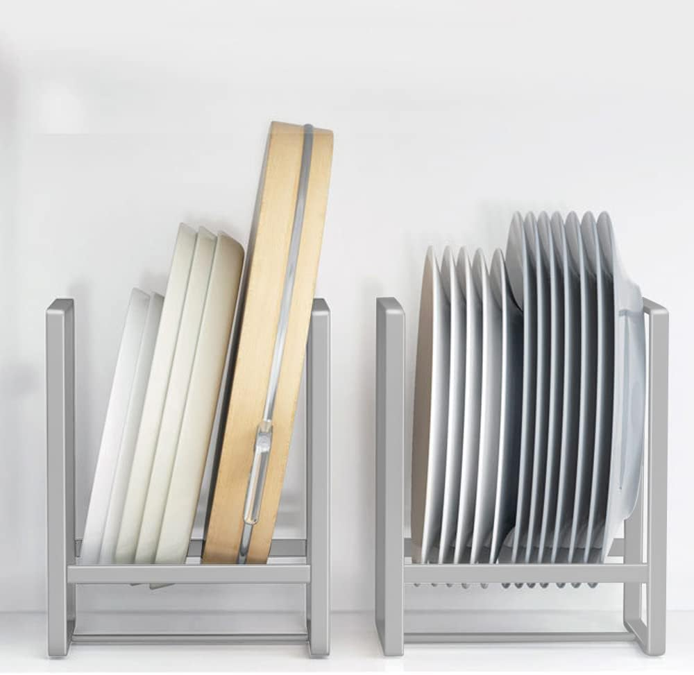 2PCS Plate Holders Organizer, Metal Dish Storage Dying Display Rack for Cabinet, Counter and Cupboard, Grey, Small