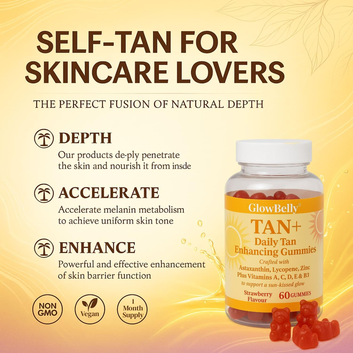 Tan plus Strawberry Tanning Gummies | 24Mg Astaxanthin + 100Mg Lycopene + 7500Mg Beta Carotene, Zinc, Vitamins a C D B3 | Glow & Antioxidant Support Gummies | 60 Pieces by Glowbelly image number 3