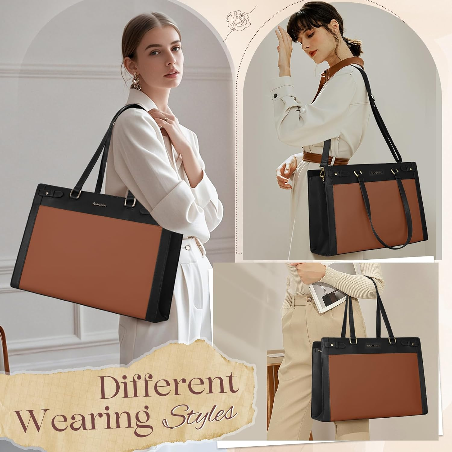 Lubardy Laptop Bag for Women 15.6 Inch Vegan Leather Work Tote Bag Womens Briefcase Waterproof Computer Bags Professional - Black  Brown image number 5