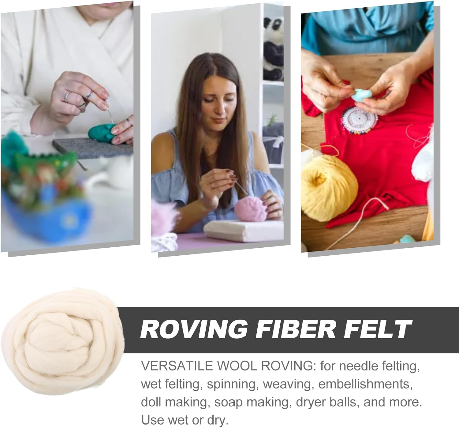 TEHAUX Needle Felting Wool, Natural White Wool Roving for Needle Felting, Wool Roving Yarn, 200G Galatea Soft Fiber for DIY Crafts, Spinning, Weaving, Doll Making, Wet Felting image number 3