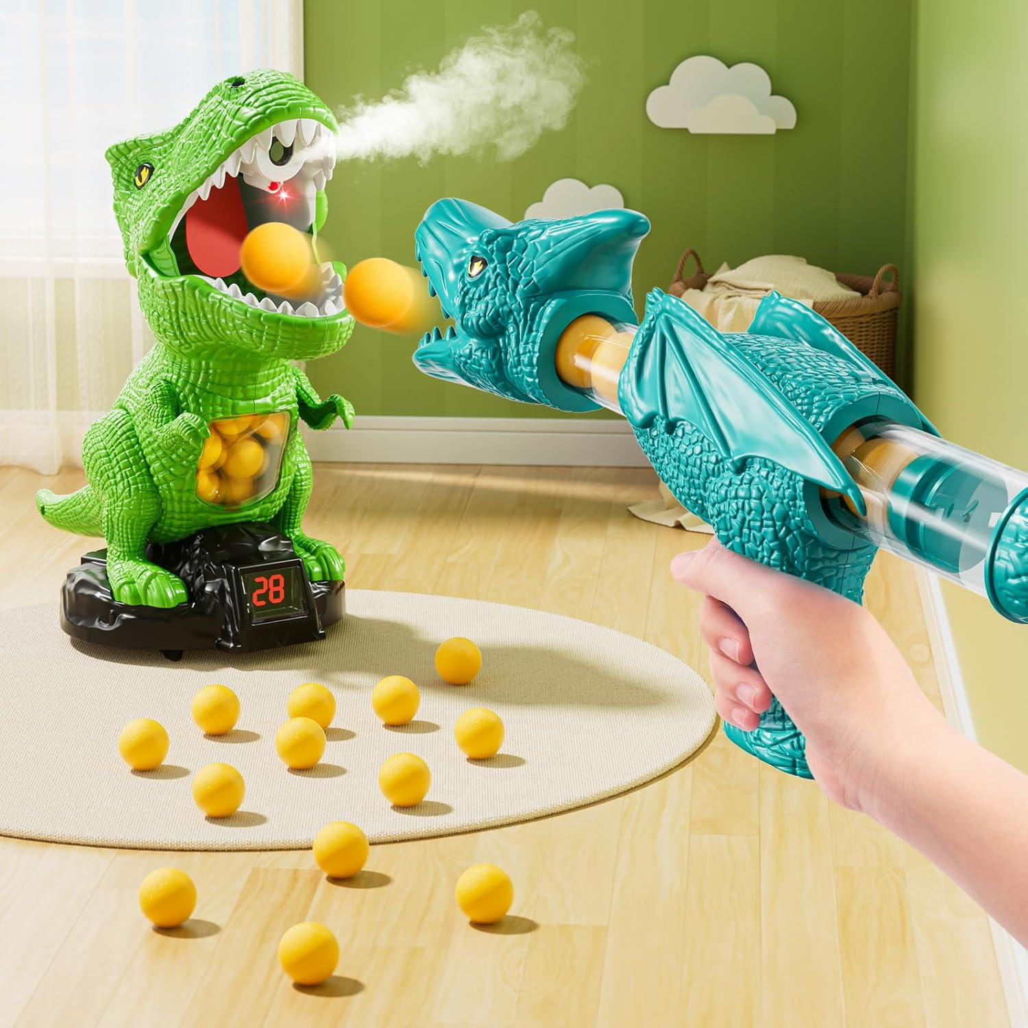 JUKUDAHU Dinosaur Shooting Toys for Kids Age 3 4 5 6 7 - Moveable Dinosaur Toy with Scoreboard, Light Sound Spraying, 12 Toy Balls, Competition Game Gifts for Boys Girls Age 5-7 6-8 8-10 (Green) image number 1