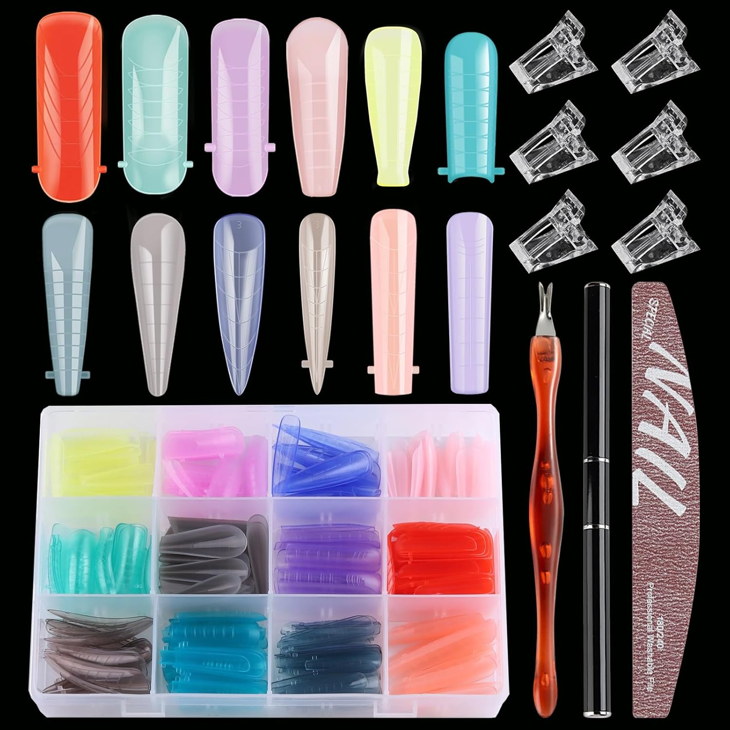 SUTOKAKA 180Pcs Sandwich Polygel Nail Form Kit 15 Sizes Reusable Coffin Nail Extension Mold Builder Gel Dual Forms with Tools for Beginners, No Paper Forms Needed image number 4