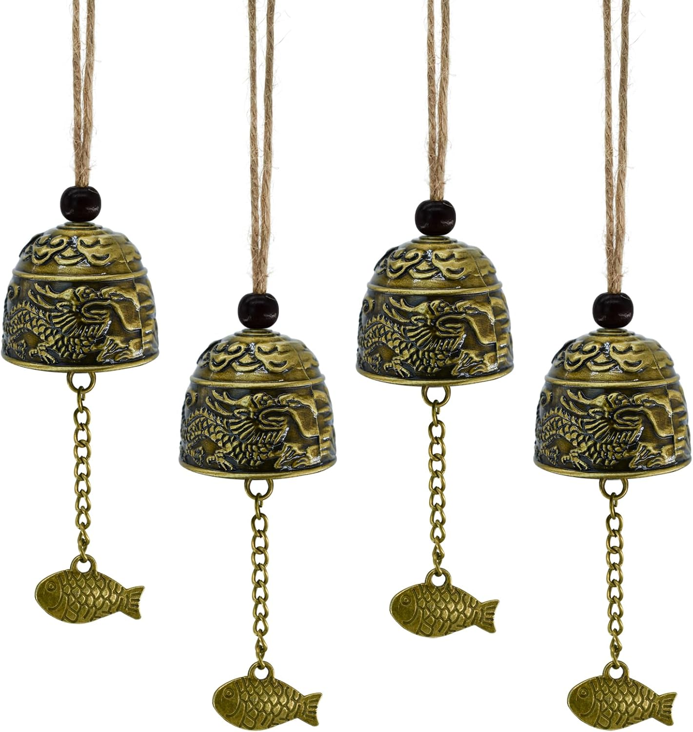 Mrmrkura 4 Pcs Vintage Dragon Fengshui Bell, Brass Bless Wind Chimes for outside Hanging Bell for Good Luck Home Garden Patio Indoor Outdoor Decor image number 1