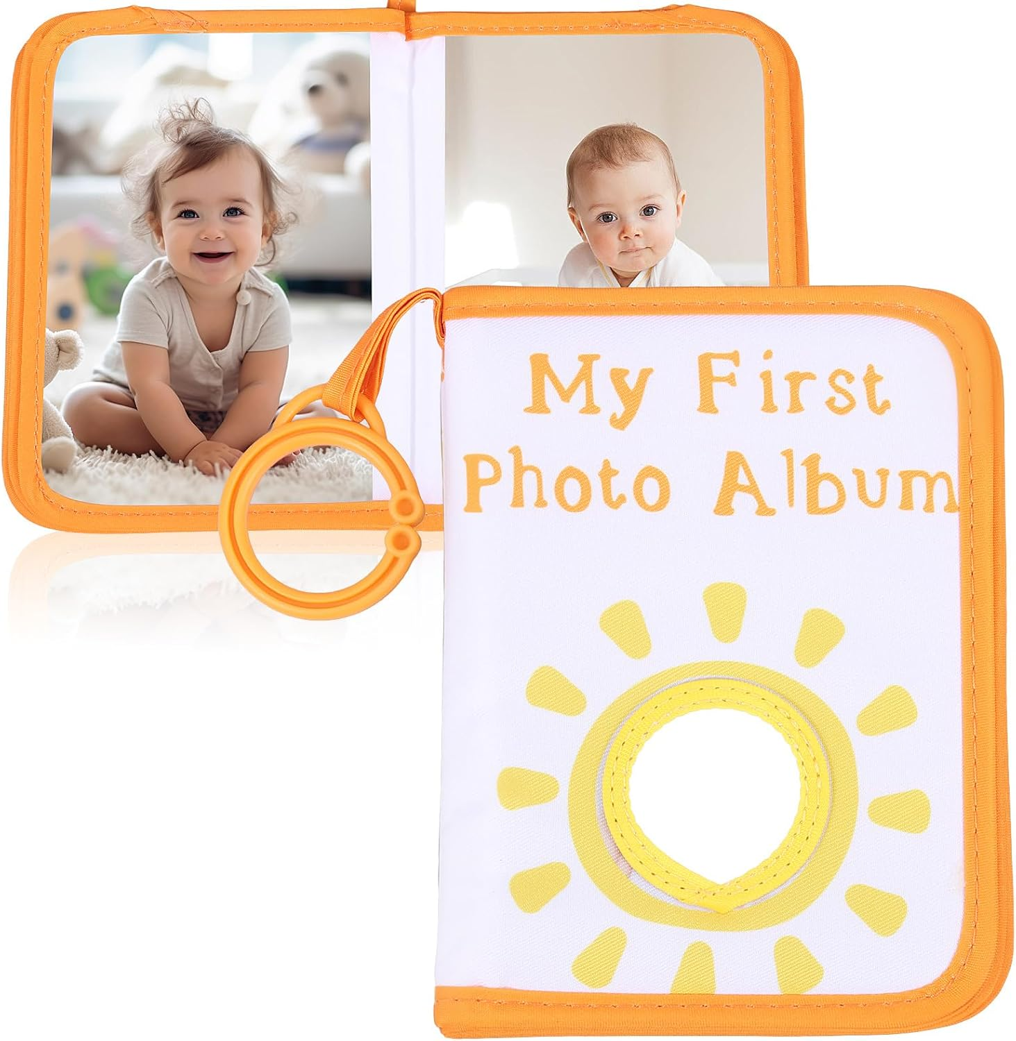 Soft Cloth Baby Photo Album Safe Baby Memory Album Book with Mirror Cute Toddler Family Memory Picture Book Holds 17 Pictures for Kids Newborn Toddlers (Khaki)
