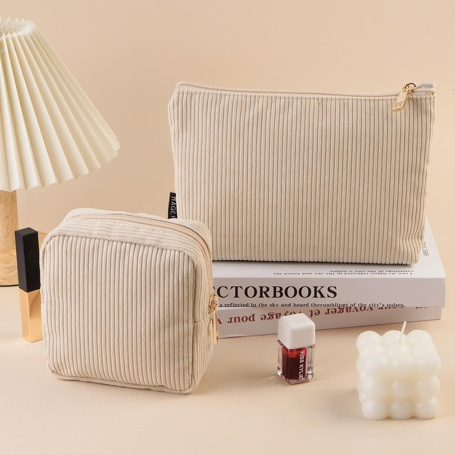 MAGEFY 2 Pcs Makeup Bag Small Makeup Bag for Purse Corduroy Makeup Pouch for Girls Cosmetic Bag for Women(Beige) - Beige image number 5