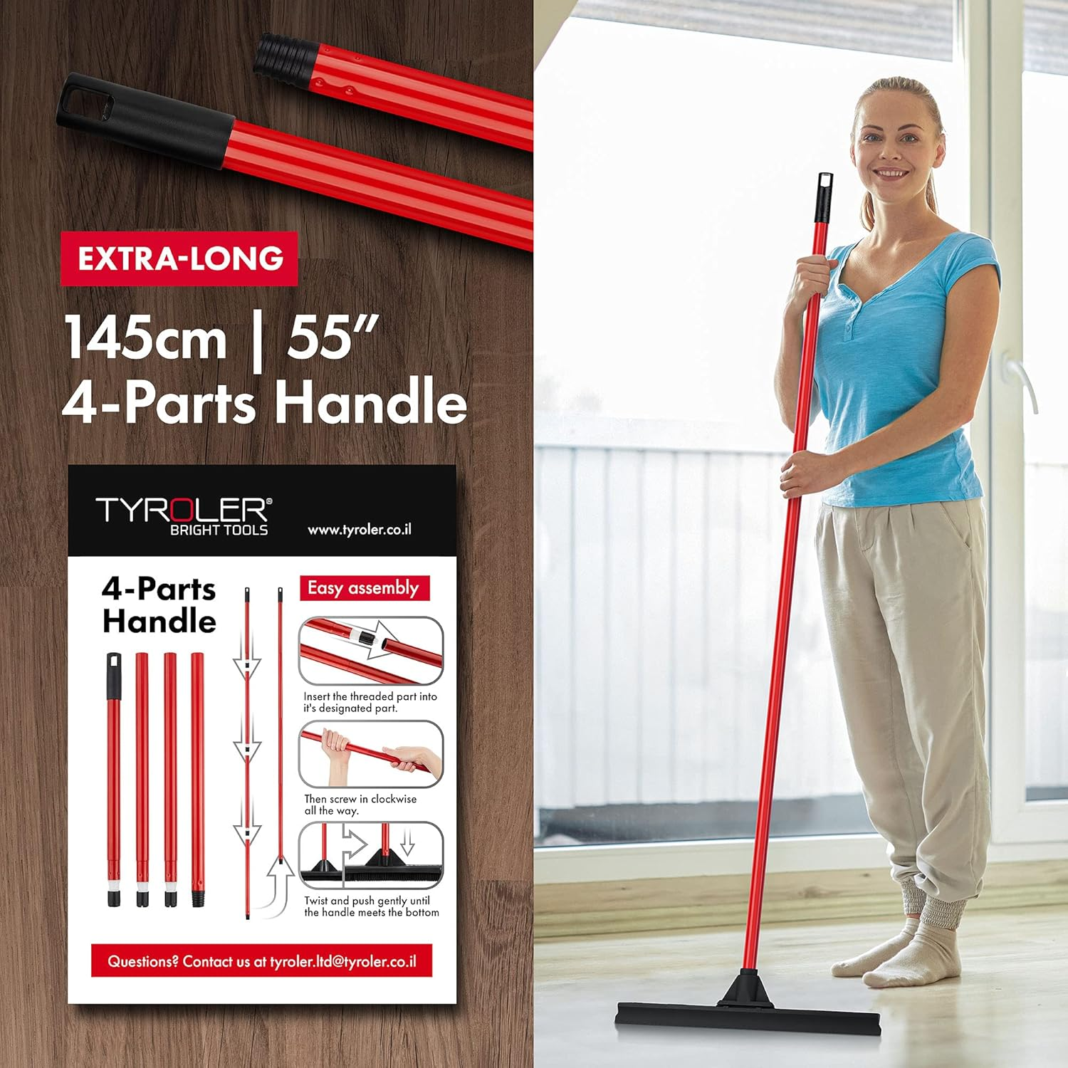 Tyroler Bright Tools Floor Squeegee Heavy Duty 46 Cm, Solid 100% Natural Rubber, Long 4 Parts Handle 140 Cm - Dries Flat and Curved Surfaces - Best for Washing,Drying,Bathroom,Wet Room,Floor image number 1