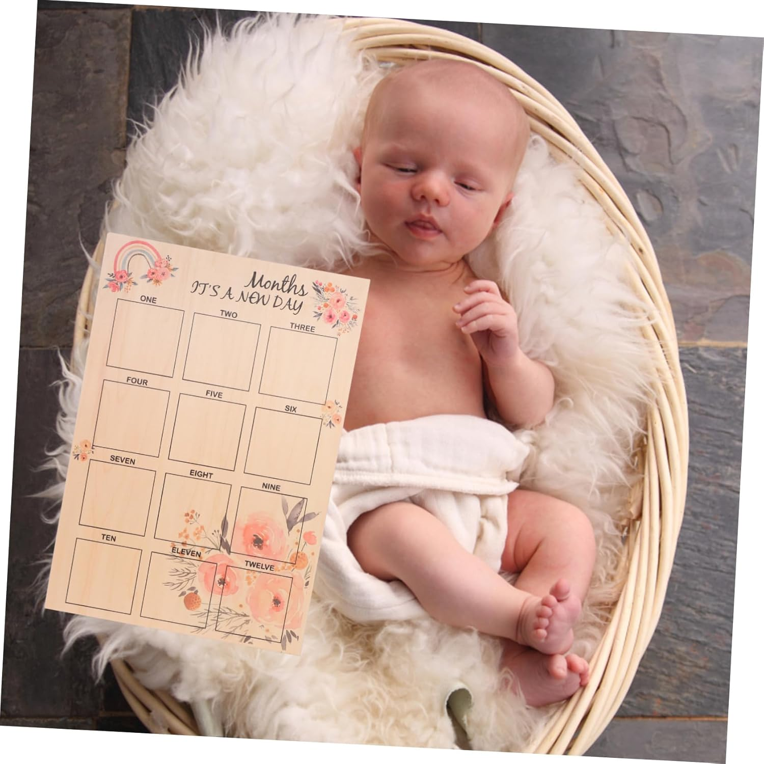 Newborn Milestone Photo Frame Months Growth Record Board Wooden Desktop Display for Keepsake Memories for Shower and Parents image number 3