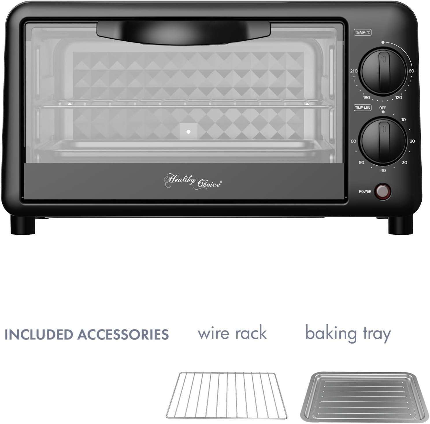 Healthy Choice 10L Pfas-Free Multi-Function Electric Oven for Baking Toasting and Roasting, 210&deg;C Adjustable Temperature, Glass Door, 60-Min Timer with Tray and Rack &ndash; Black image number 1