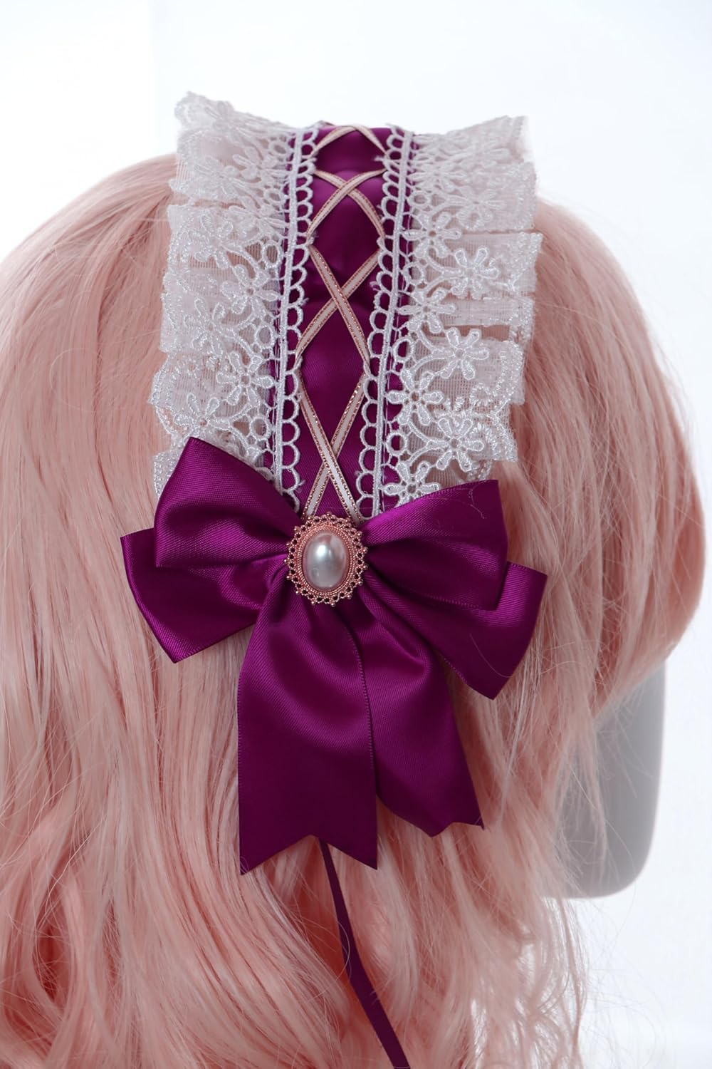 C-09-2 Burgundy Purple White Maid Lolita Satin Lace Ruffle Headband with Bow Gothic Hair Accessories Headband Hair Accessory image number 6