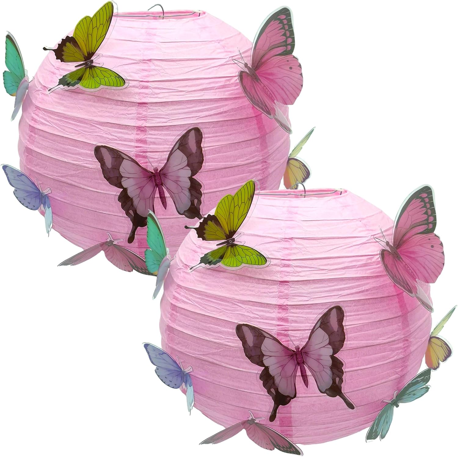 Niuhong round Paper Lantern, Lampshade with Butterfly, Children'S Pendant, Paper Lantern, Spring Theme Decorations for Party, Birthday, Christening, Garden, Wedding Decoration (Pink, 30 Cm), Pack of 2 image number 1