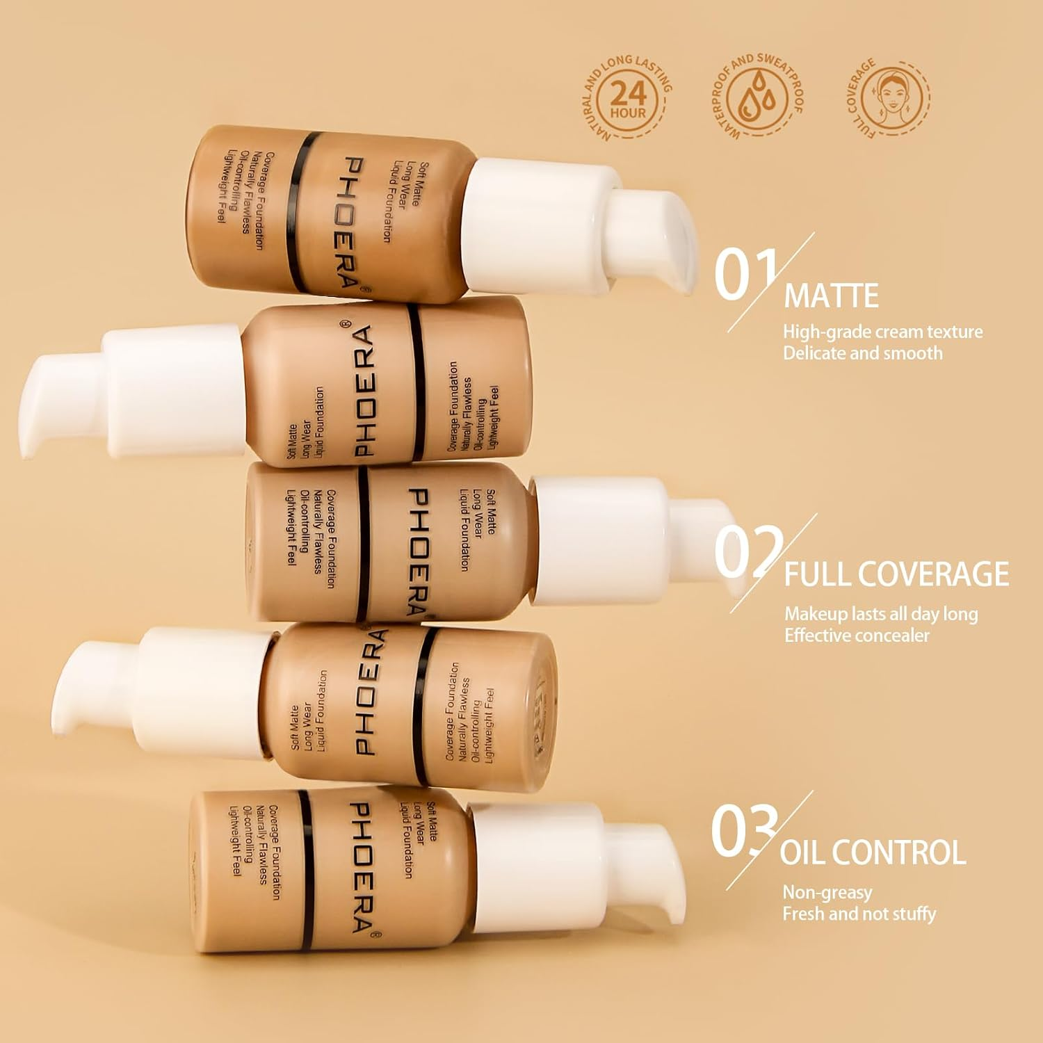 PHOERA Face Foundation,Liquid Foundation,Foundation Full Coverage,Long Lasting Perfect 30Ml Matte Oil-Control Concealer 6 Colors Optional,Great Choice and Gift (#105 Sand, 30Ml) - 102 Nude image number 6
