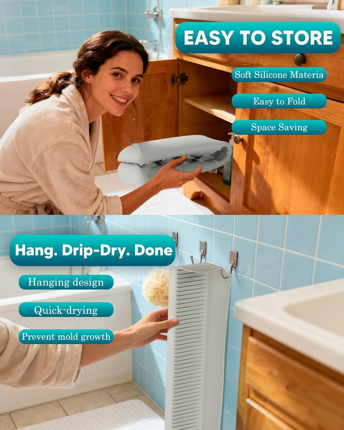 Duseu 1.96-Ft Bathtub Splash Guard, Silicone Bath Tub Tray for Kids, Bathtub Shelf Toy Holder with 10 Strong Suction Cups, No Water Spills in Bathroom & Kitchen Sink, Easy Clean & Fold, Grey image number 5