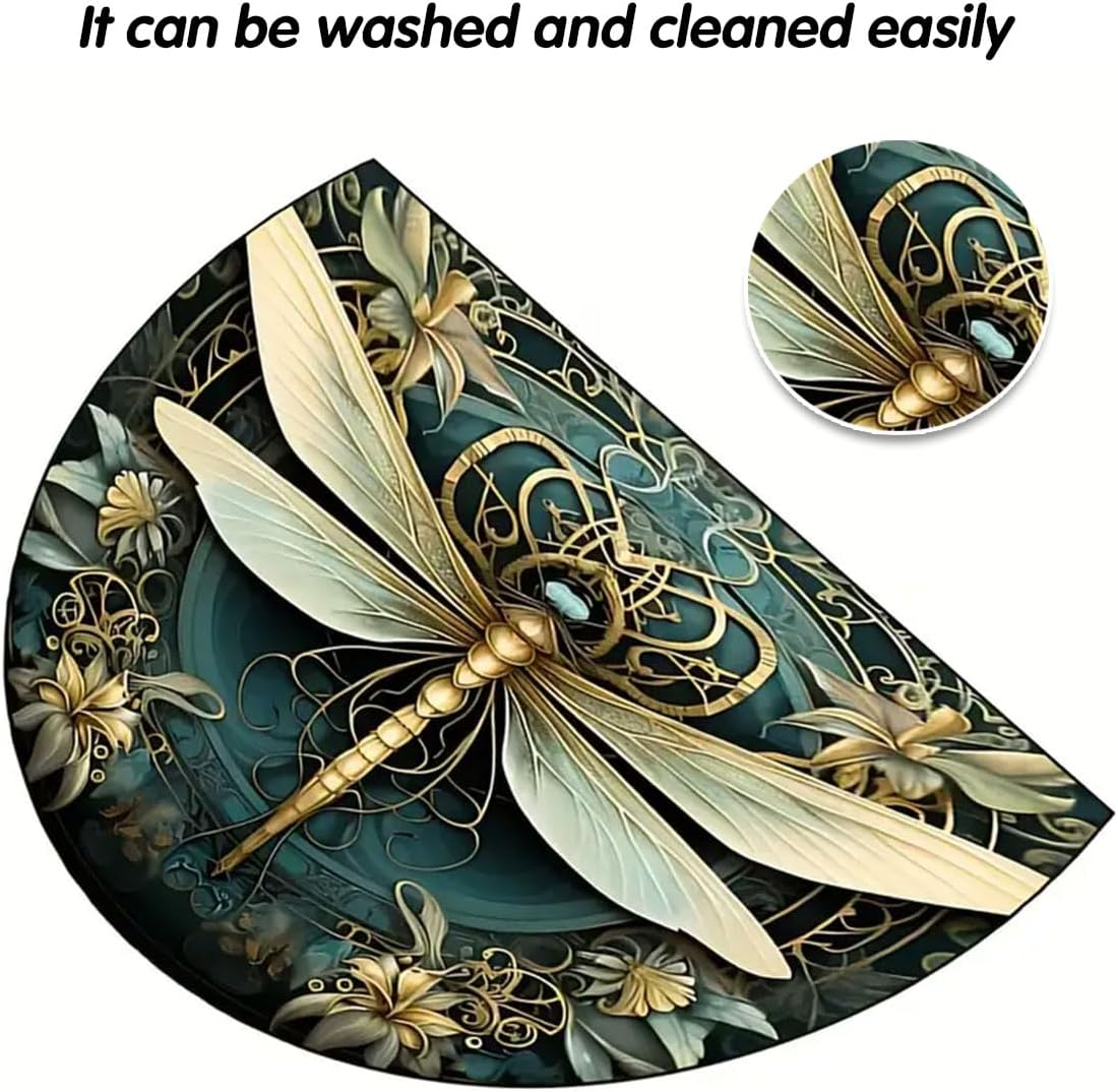 AIMALL Semicircle Floral Entryway Floor Mat, 19.7X31.5In Non-Slip Dragonfly Printed Rug for Indoor Outdoor Doorways, Waterproof Easy-Clean Carpet for Kitchen and Home Decor