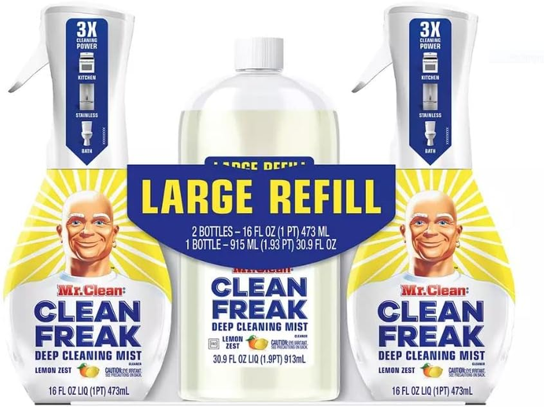 Mr. Clean Clean Freak Deep Cleaning Mist Cleaner, Lemon Zest Scent, 2 Count of 16 Ounce Spray Bottle plus Large Refill Bottle 30 Fl Ounce, Total 3 Piece Set