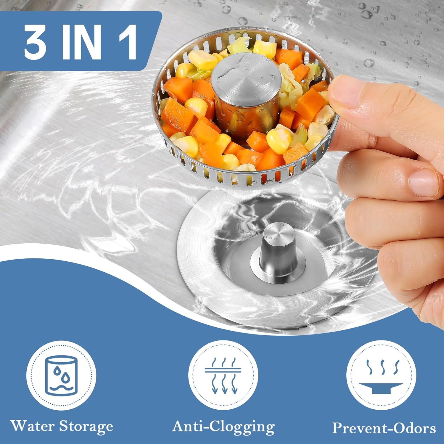 Kitchen Sink Drain Strainer (3-In-1), 304 Stainless Steel Pop up Sink Stopper, Anti-Clogging Sink Drain Strainer for US Standard 3-1/2 Inch Kitchen Drain image number 2