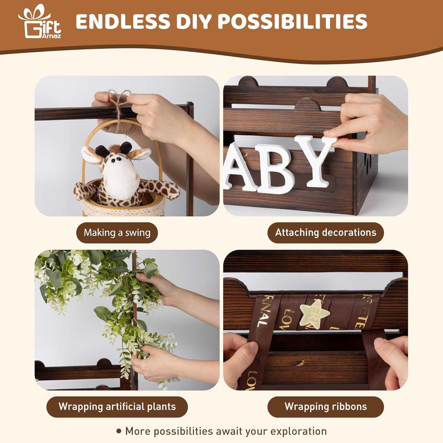 Giftamaz Brown Wooden Baby Gift Crate Closet Basket, Baby Welcome Box, Storage Crate with Handle, Bear Paw Pattern, Natural Finish image number 2