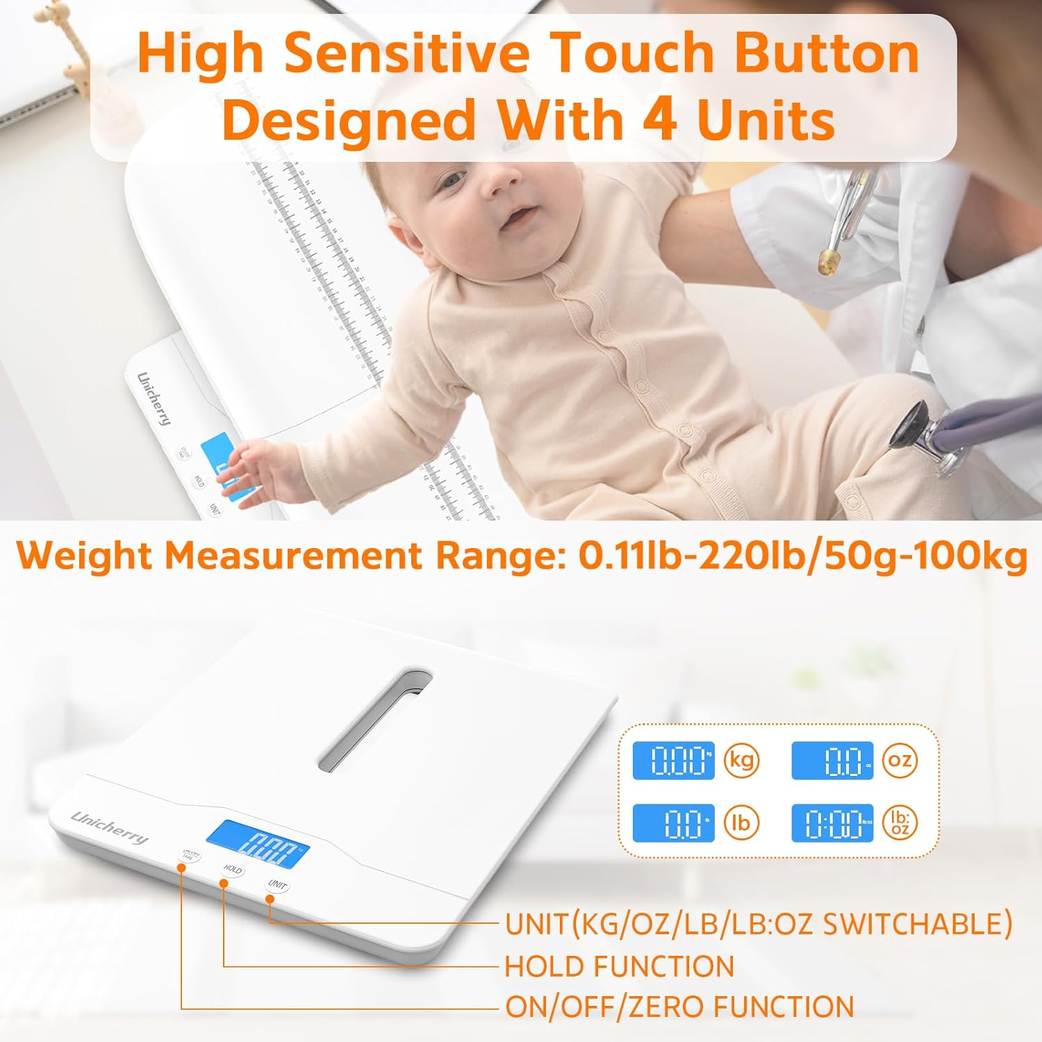 UNICHERRY Baby Scale, Baby Weighing Scale, Multifunctional with Removable Tray, Baby Scale Digital with Tare and Hold Functions, Accurately Measure Baby, Pet and Adult (Max: 100Kg) image number 3