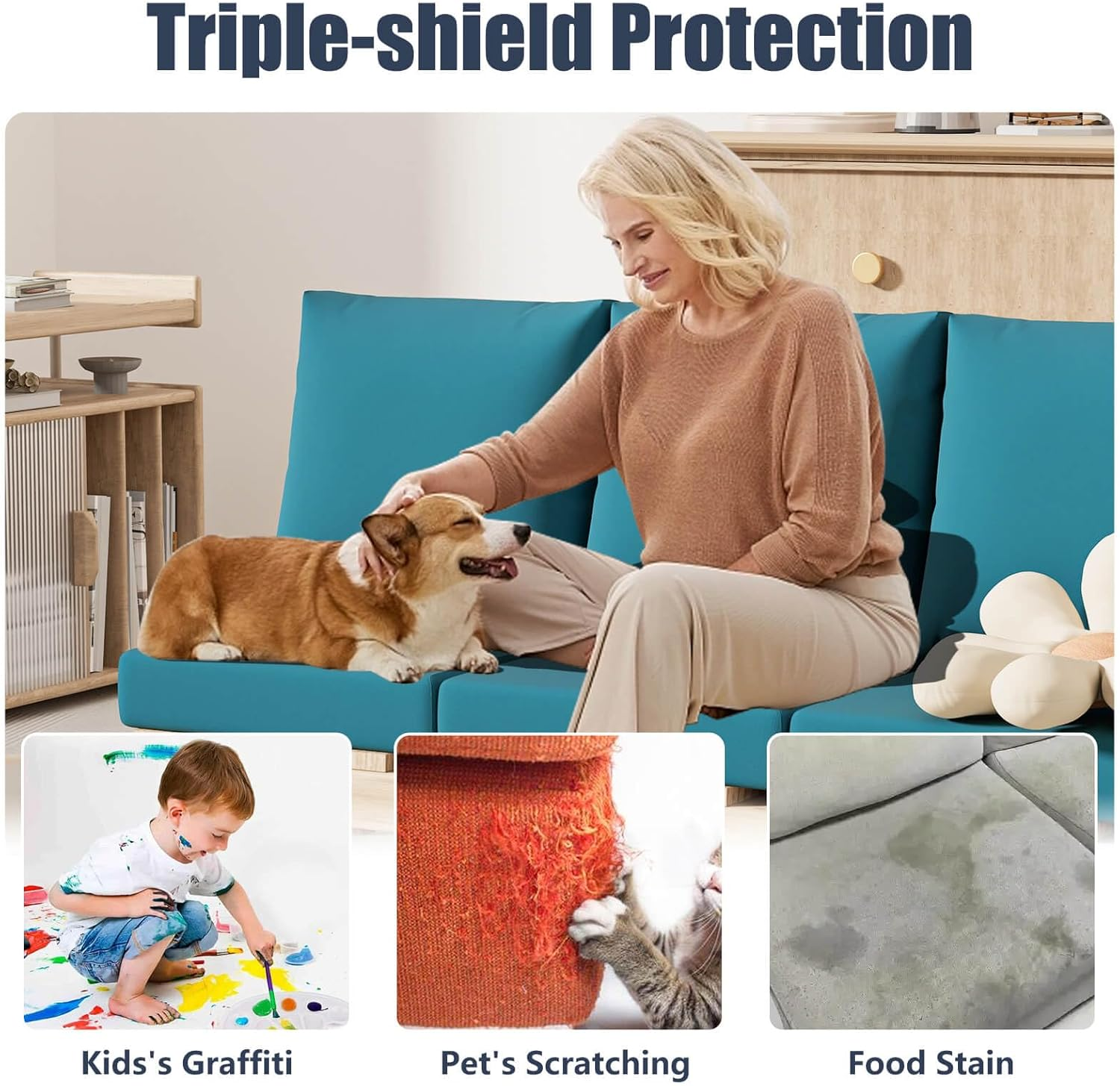 8Pcs Stretch Patio Cushion Covers, Outdoor Couch & Sofa Replacement Slipcovers for Patio Furniture Cushion Covers, Washable Reusable Furniture Protector, Square-Large, Petrol-Blue image number 6