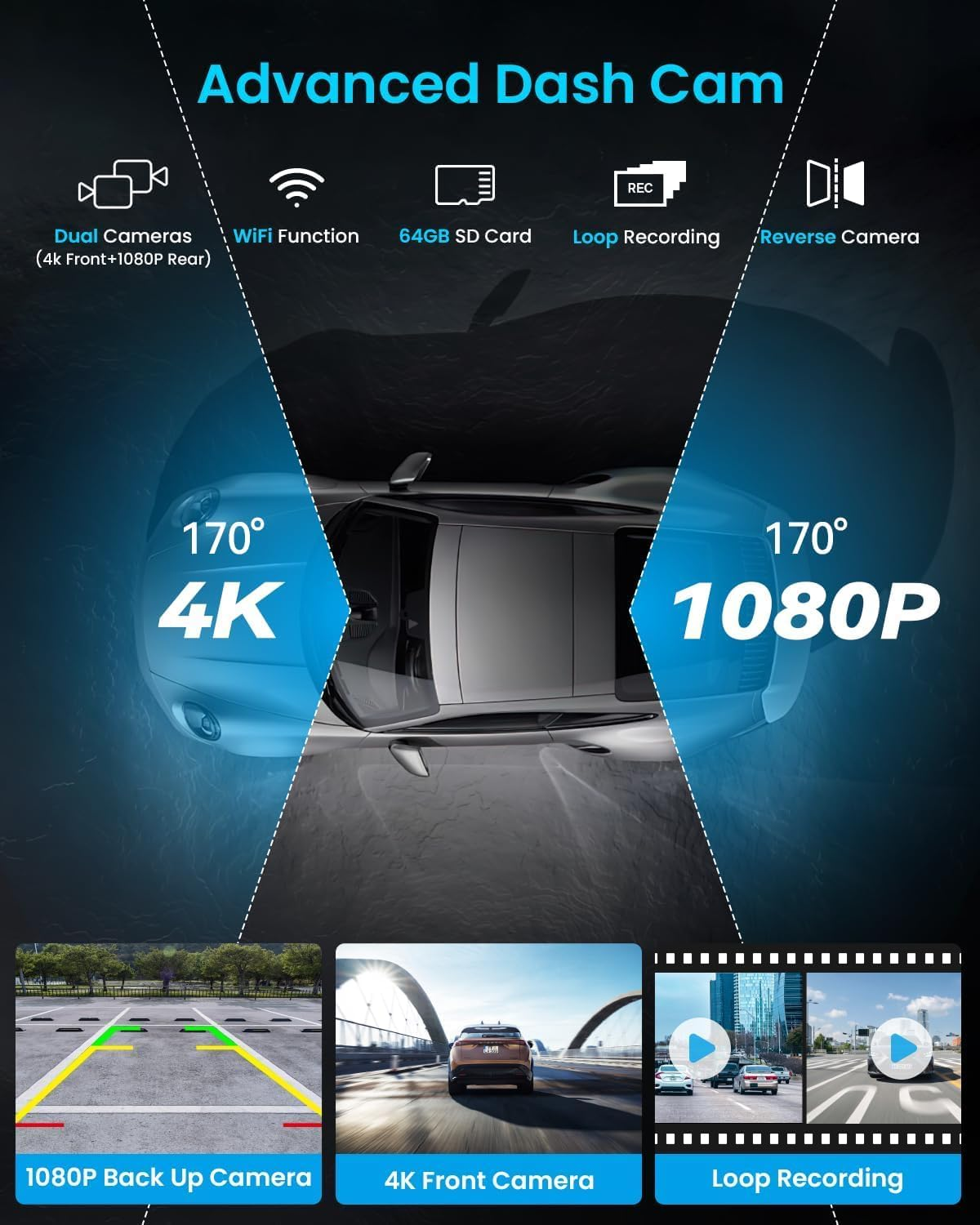 10.26" Portable Wireless Carplay Screen for Car, Apple Carplay & Android Auto, 4K Dash Cam with 1080P Backup Camera, Touchscreen DVR, Dual Recording, Includes Mount & 64GB Card image number 1