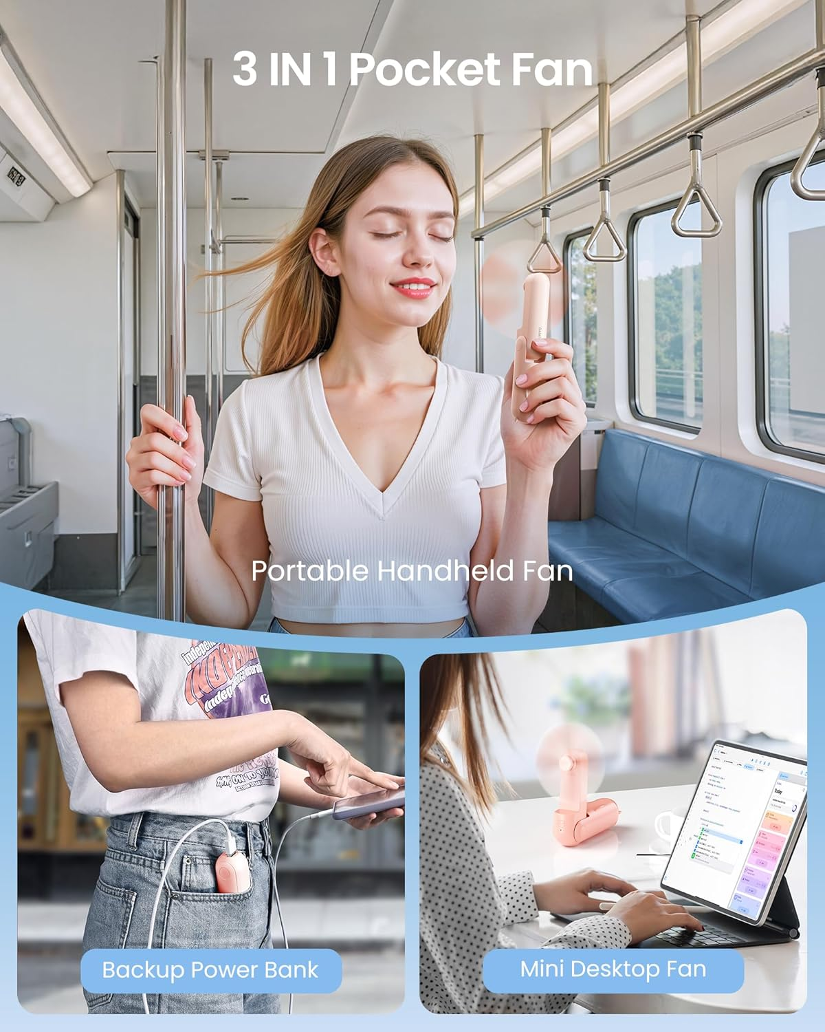 GAIATOP Portable Handheld Fan, 3 in 1 Mini Foldable Travel Fans [17H Max Cooling Time] with Power Bank, Pocket Design USB Rechargeable for Travel Concert Lash Makeup, Summer Gifts for Women Girl, Pink image number 2