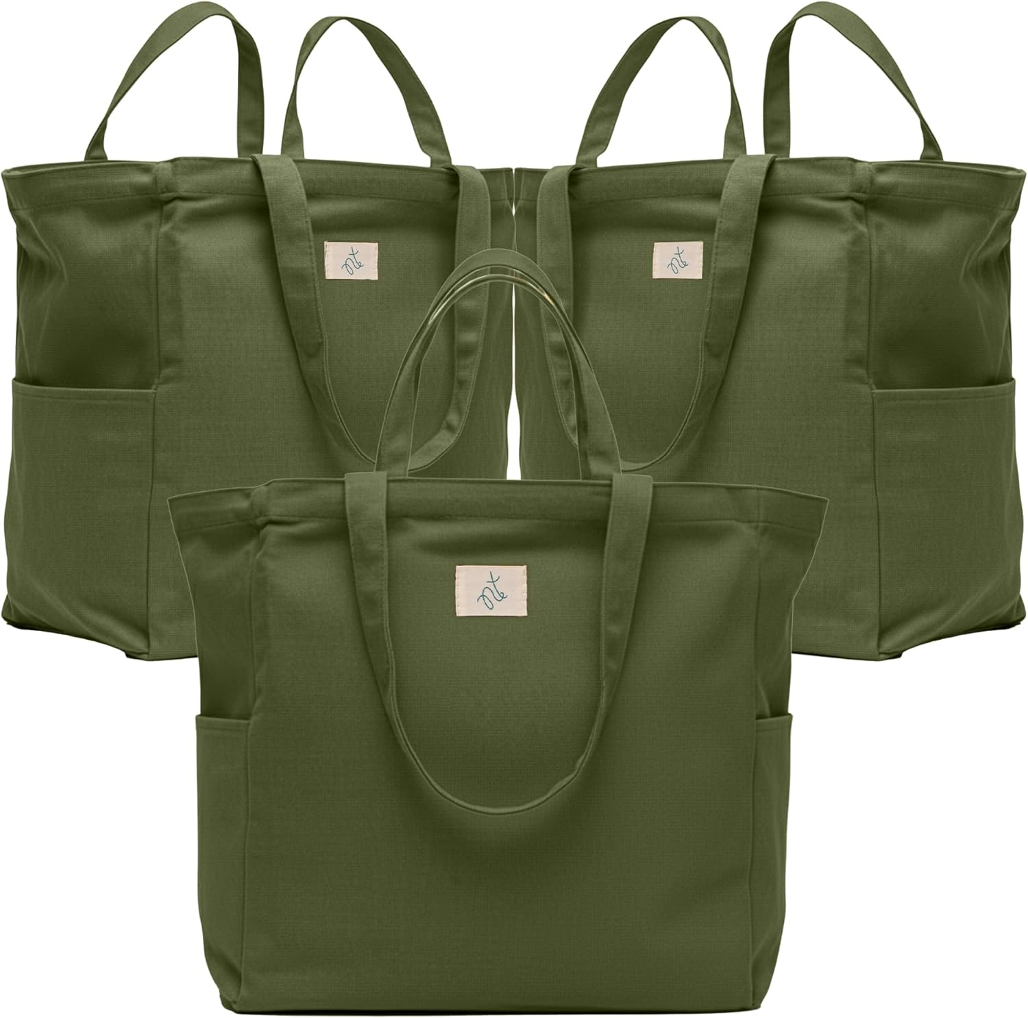 Nook Theory 3-Pack Reusable Grocery Bags - Heavy Duty, Large 12 Oz Cotton Canvas Reusable Shopping Bags with Pockets, 100% Cotton Cloth Grocery Totes, Foldable Multi Compartment