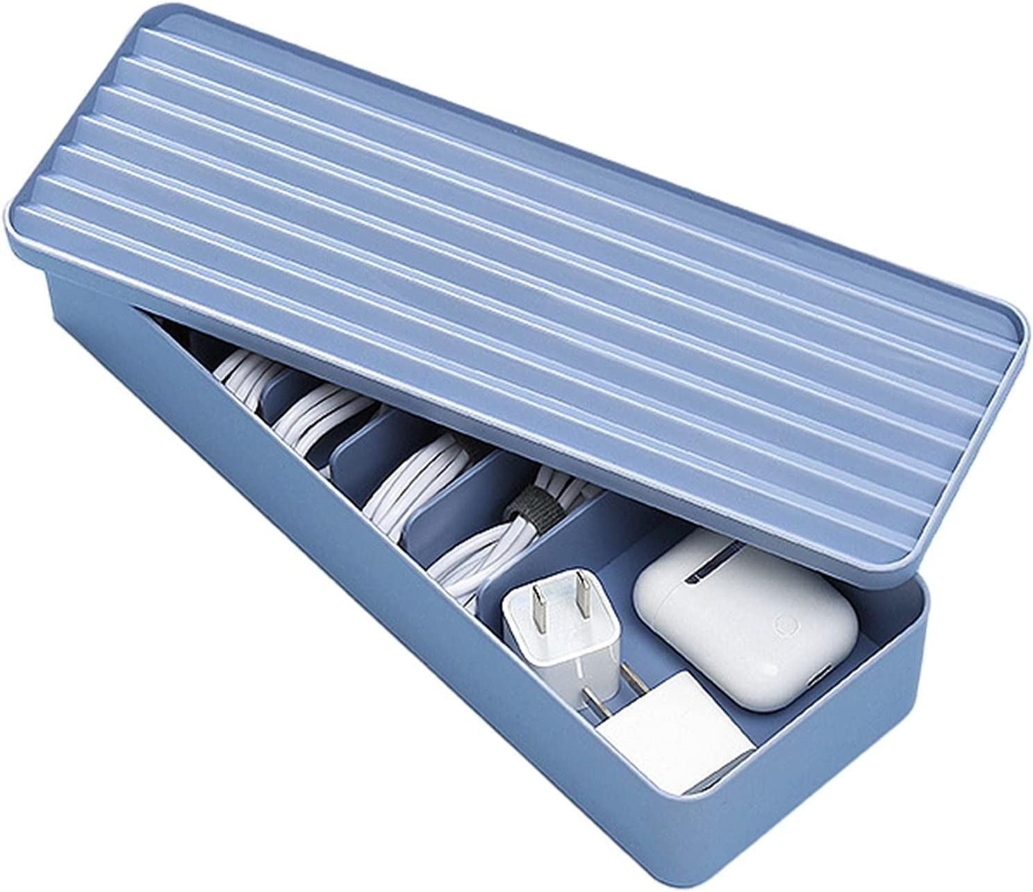 Cable Storage Box, Power Cord Organizer, Cable Management Case, USB Cord Sorter with Lid & 7 Compartments 10 Wire Ties Desk Accessories Storage for Office Stationery Supplies, Makeup Box (Blue) image number 4