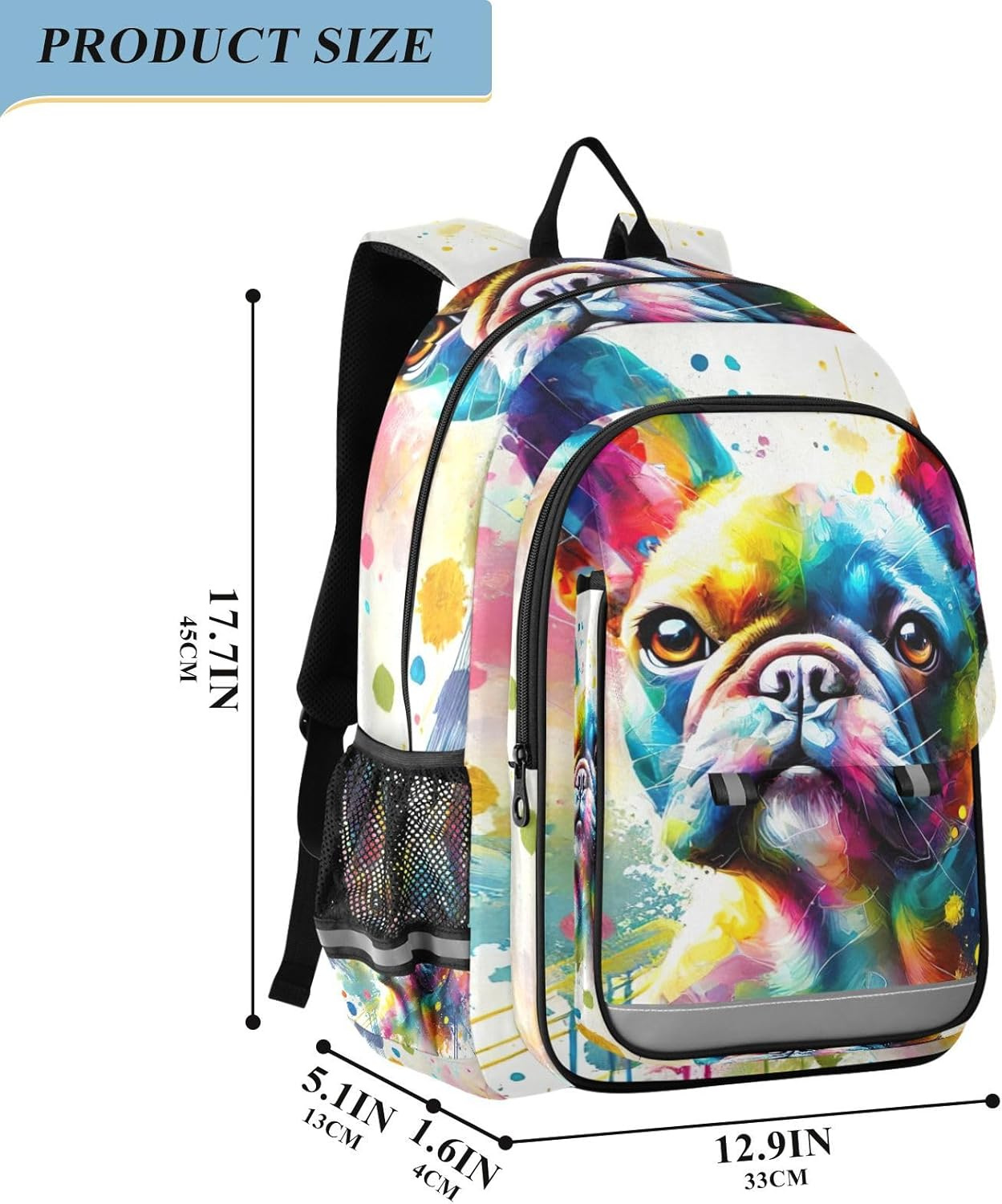 RPLIFE Colorful Bulldog White Kids Backpack for School, 17 Inch Large Kids Elementary School Backpack, 6-12 Y image number 1