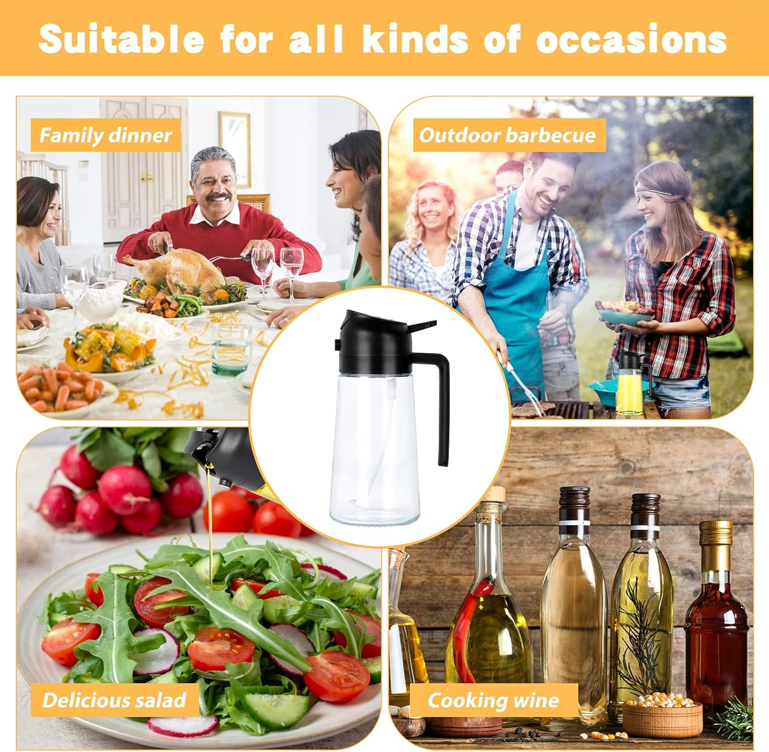 2 in 1 Oil Dispenser and Sprayer, 16Oz, Black, Glass with Polyethylene Components, Cooking, Oil Sprayer, Dispenser, Air Fryer, BBQ, Salad, Baking, Steak image number 4