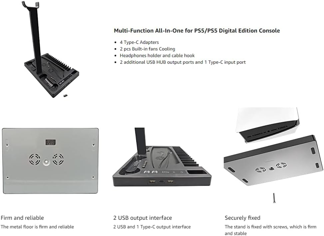 Multifunctional Cooling Dock Stand with Dual Controllers Charging Station for PS5, 3-Level Powerful Cooling Fan Stand with Disc Slot Headphone Hanger (For PS5) image number 3
