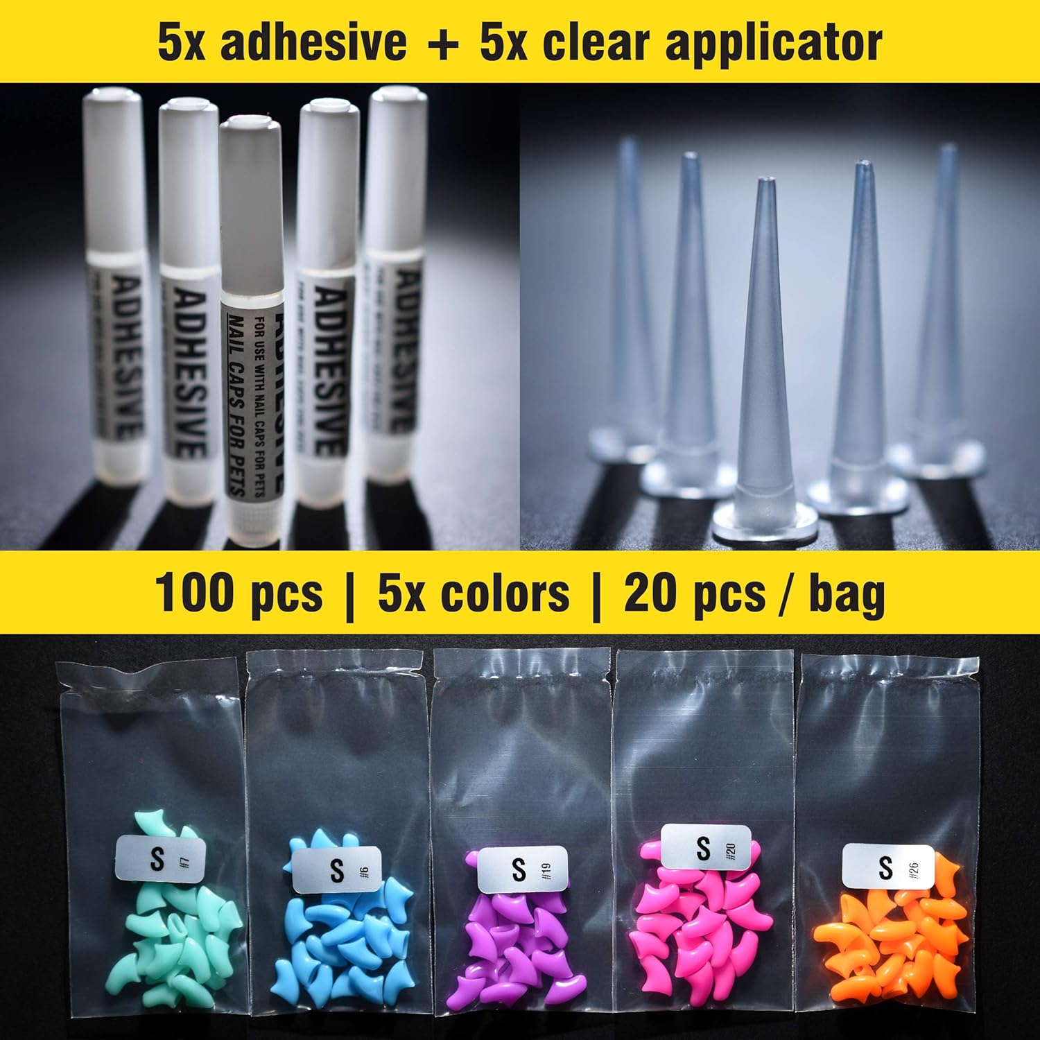 100 Pcs Soft Cat Claw Caps for Cats Nail Claws 5X Colors + 5X Adhesive Glue + 5X Applicator, Pet Tips Cover Paws Soft Covers (S, Turquoise, Sky Blue, Purple, Rose, Orange Peel) image number 6