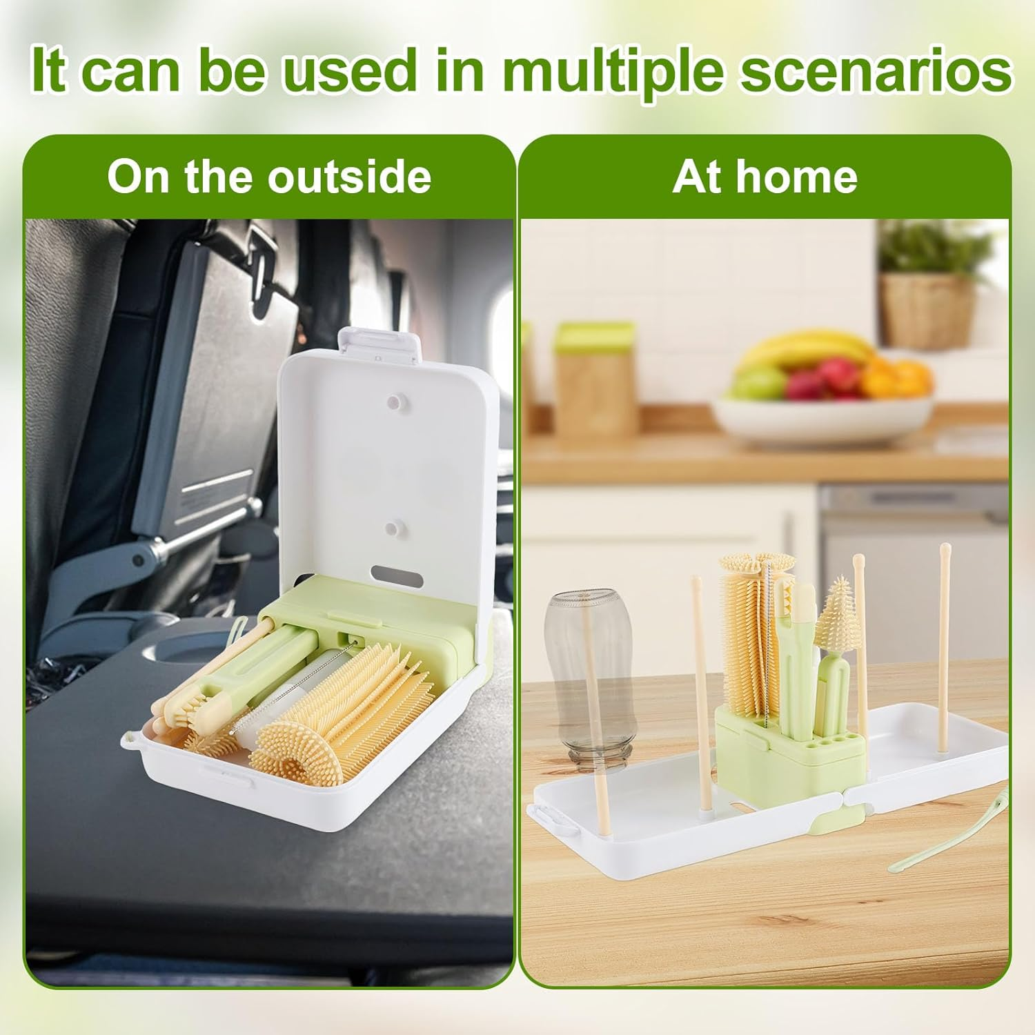 Bottle Cleaning Brush, Multipurpose Bottle Gap Cleaner Brush, with Folding Drain Rack Silicone Portable Cleaning Kit, Long Handle Silicone, anti Scratch, for Travel Camping Hotel Stay (White)