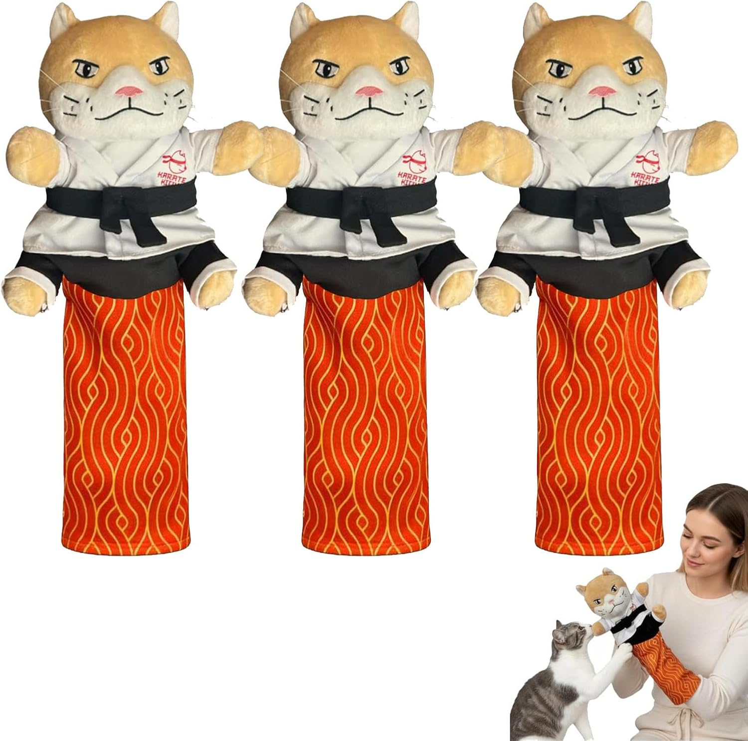 Karate Kitty Cat Wrestling Puppet with Protective Forearm Sleeve, Interactive Hand Biting Toy for Play, Safe Boxing Puppet with Tough Padding for Kittens and Adult Cats (1Pc)