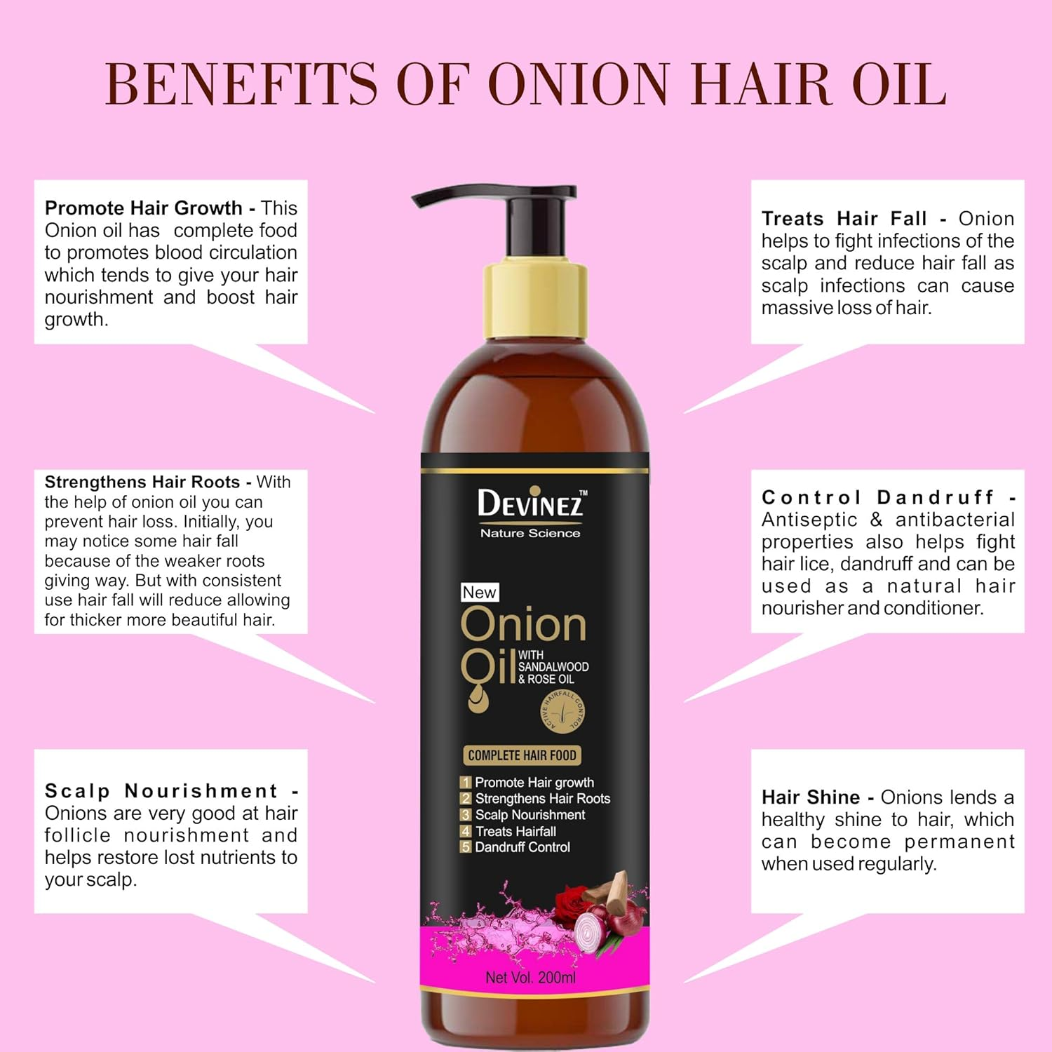 Devinez Onion Hair Oil Nourishing Hair Fall Care with Real Onion Extract to Control Intensive Hair Fall and Dandruff, 200Ml image number 4