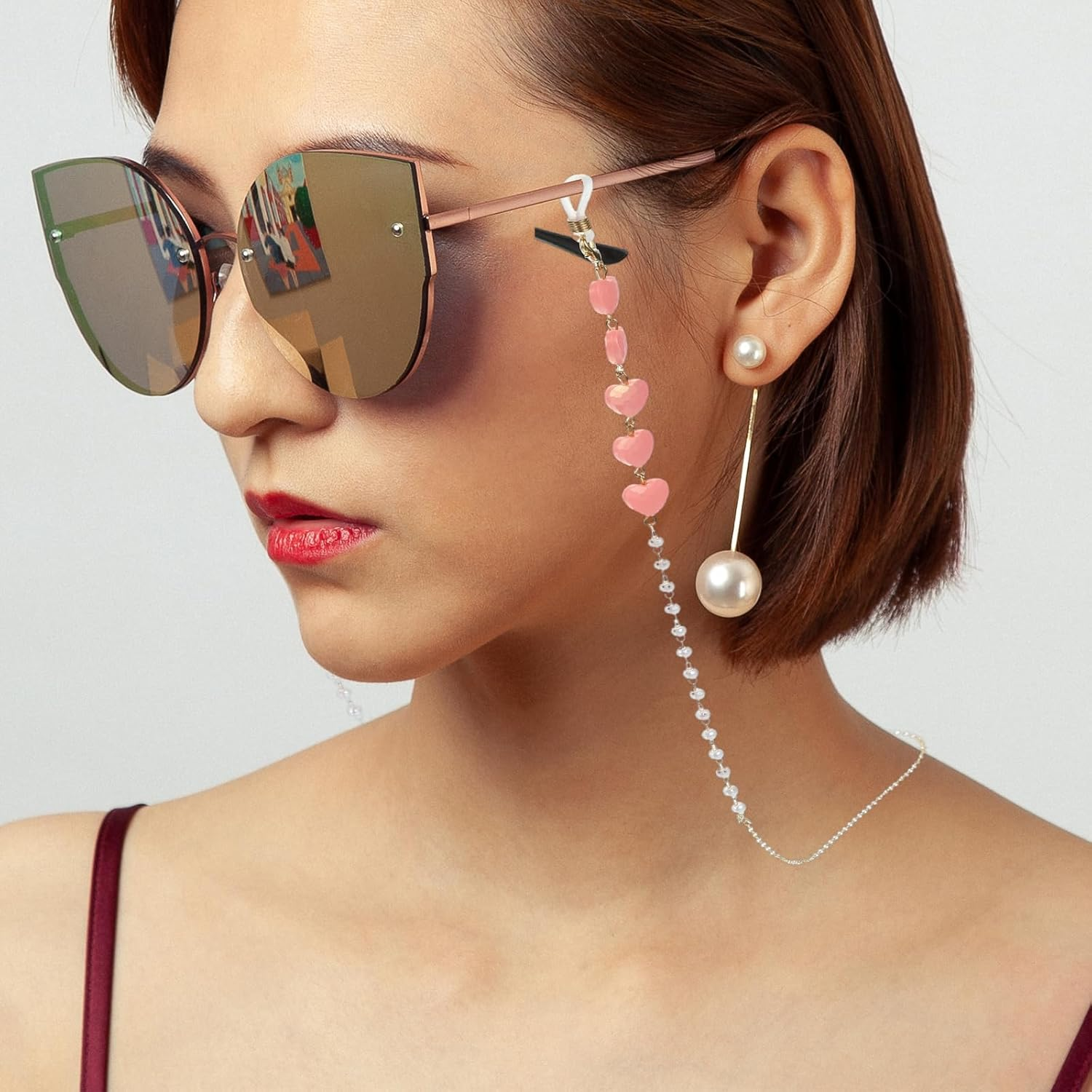 Uxcell Beads Eyeglass Chain, Pearl Glasses Strap Eyewear Retainer Chain around Neck Sunglass Holder for Girls Women, Pink Heart