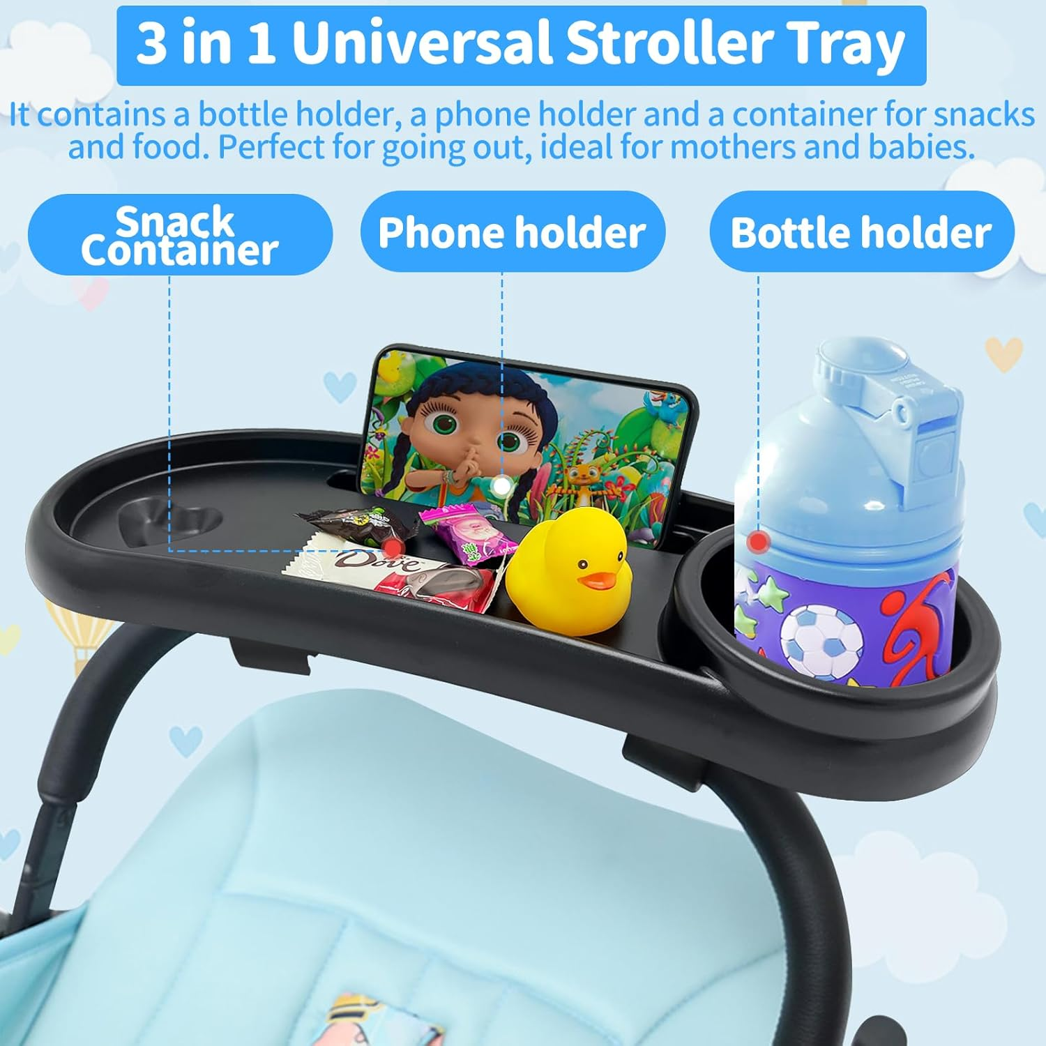 Universal Stroller Snack Tray with Cup Holder Organizer and Phone Holder - 3 in 1 Organizer Rack Accessories, Stable Tray Bumpers for Baby Play and Watch Video image number 3