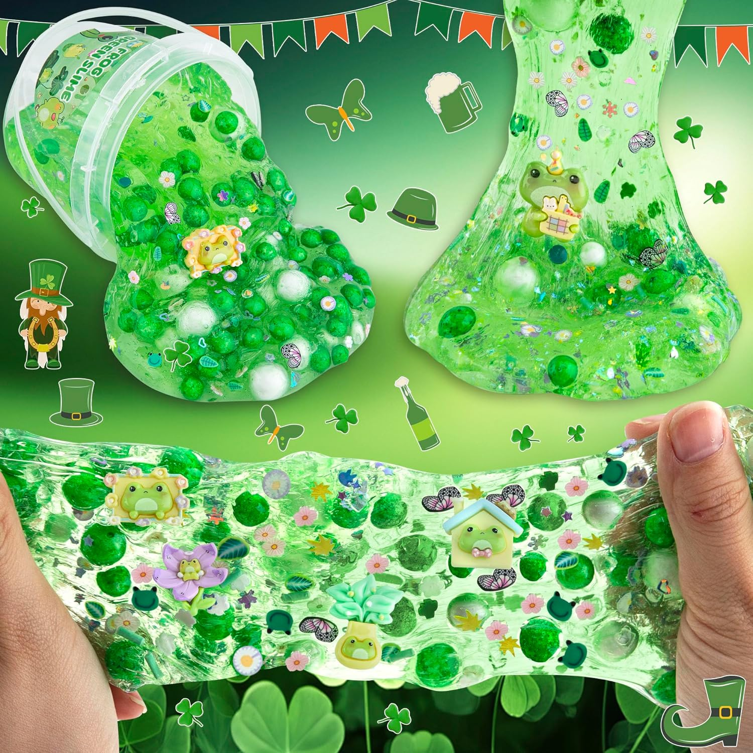 Frog Clear Slime 300Ml, Green Clear Slime Kit for Girls Ages 8-12 with 8 Packs Slime Add-Ins, Slime for Kids Party Favors, Non Stick Slime with Clay, Halloween St. Patrick'S Day - Frosch image number 2