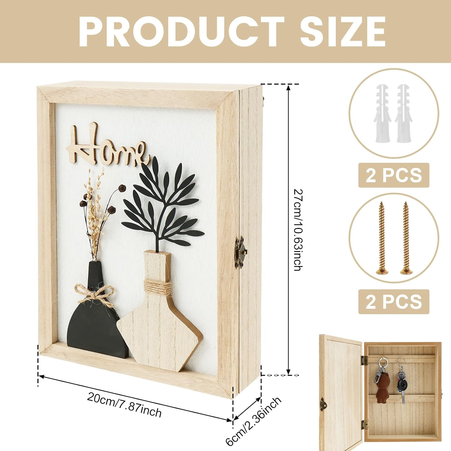 Wooden Key Box, Key Holder Wall Mount Decorative Wooden Key Cabinet Holder with 6 Hooks Rustic Access Card Hanger Organizer for Home Entryway Hallway (Beige A) image number 2