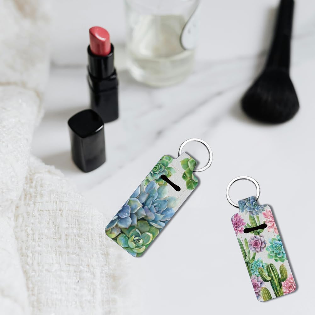 FREEBLOSS 2 Pack Lip Balm Holder Keychain Succulent Plants Pattern Chapstick Holders Lip Gloss Holder Keychain Lipstick Sleeve Keychain Chapstick Sleeve Holder for Women Friends Gift, Dark Blue image number 3